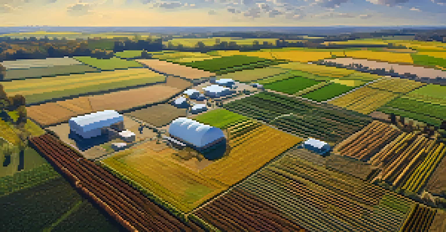 Aerial view of a farm with a drone monitoring crops under warm sunlight.