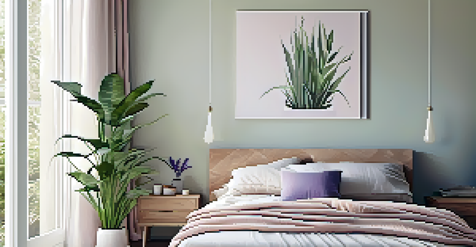 A tranquil bedroom with a lavender plant on the nightstand and a tall snake plant, adorned with soft natural light and pastel bedding.