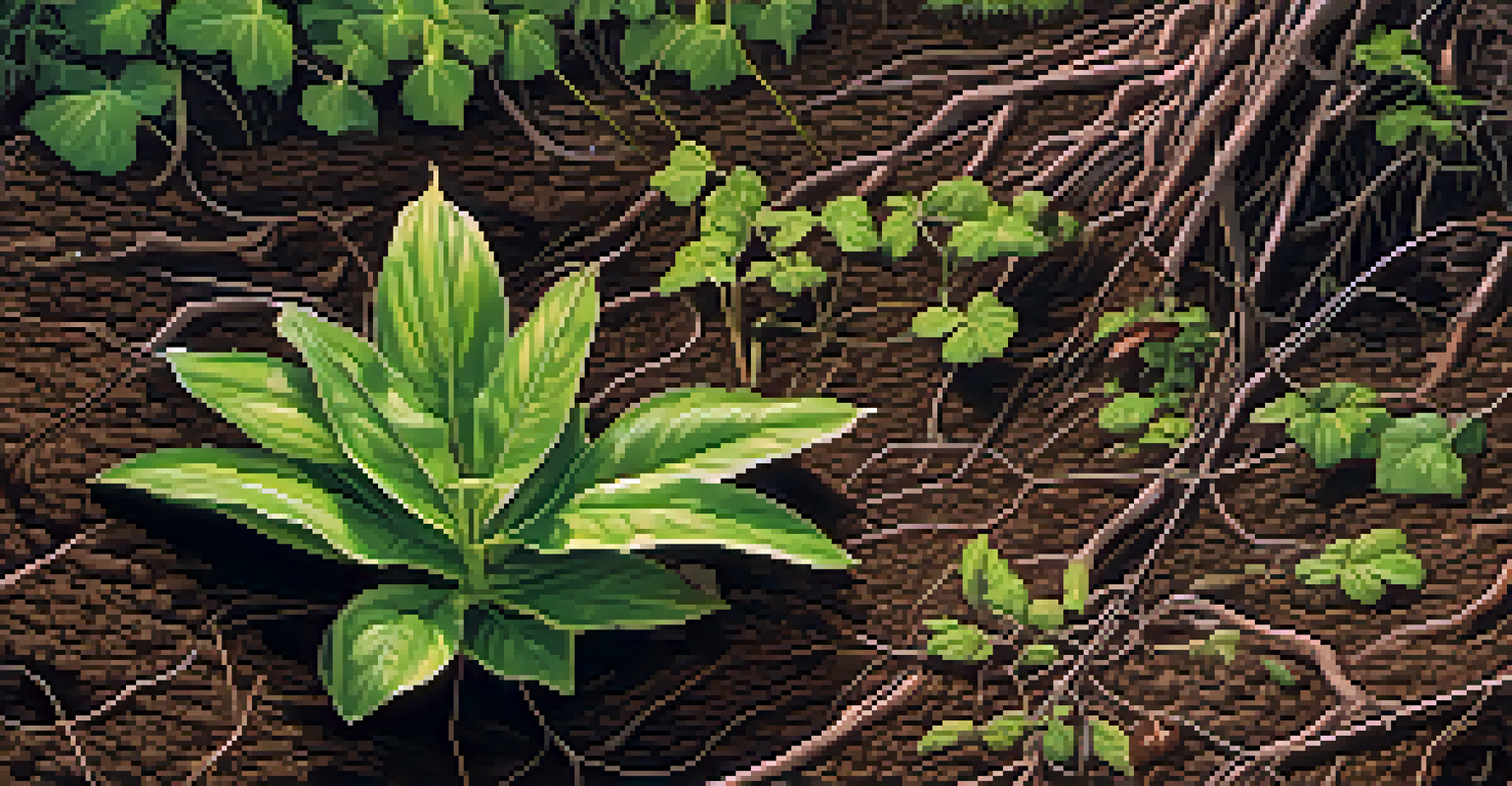 A close-up view of native plants with deep roots in rich soil, showcasing their role in preventing erosion and supporting ecosystem health.