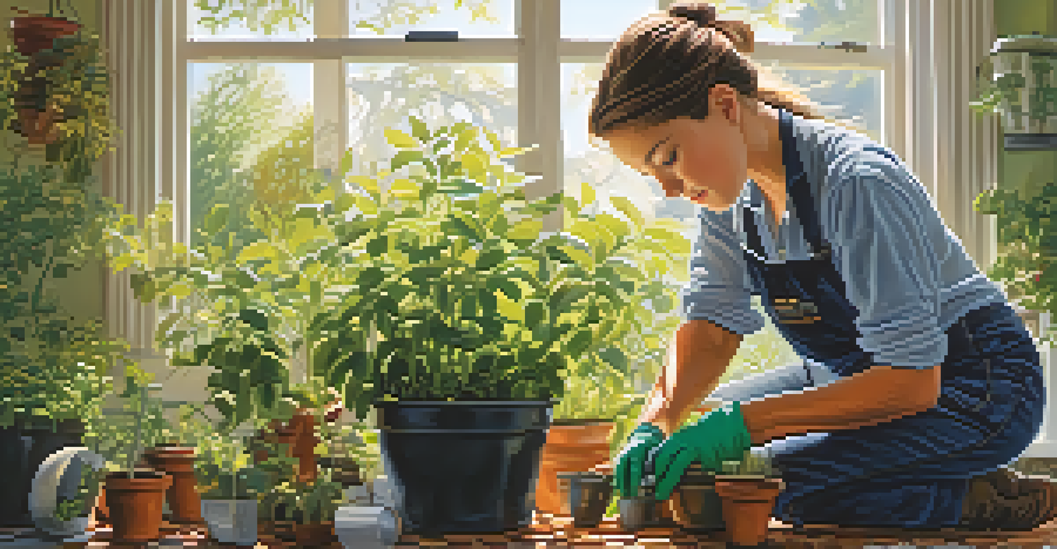 Gardener repotting a plant with healthy roots in a bright garden, surrounded by vibrant plants, showcasing a scene of care and attention.