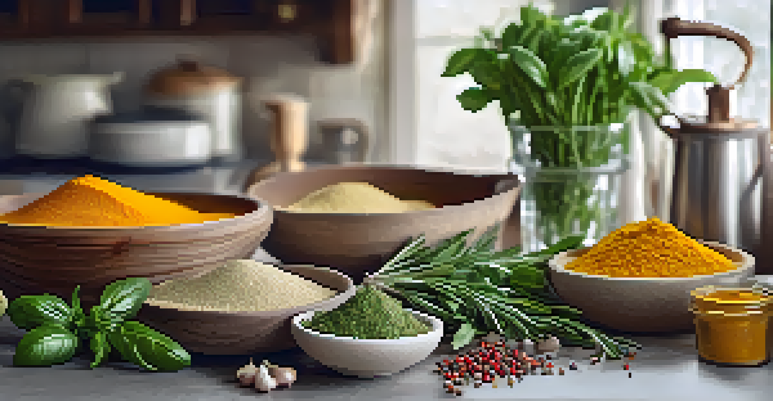 Fresh herbs and spices displayed on a kitchen countertop, including basil, rosemary, garlic, and turmeric powder.