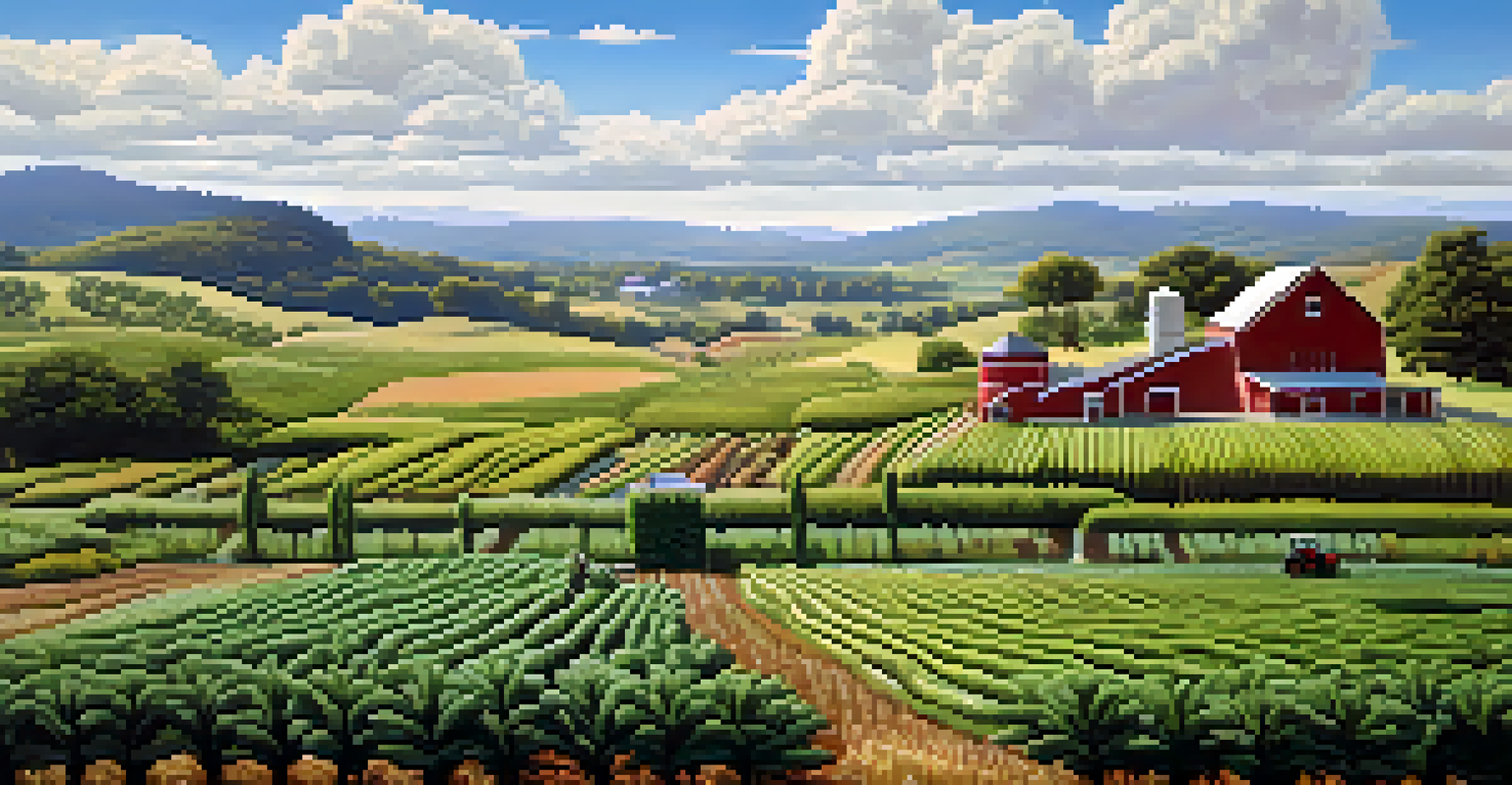 A tranquil farm landscape with native plants in sustainable patterns, rolling hills in the background, and a farmer tending to the crops.