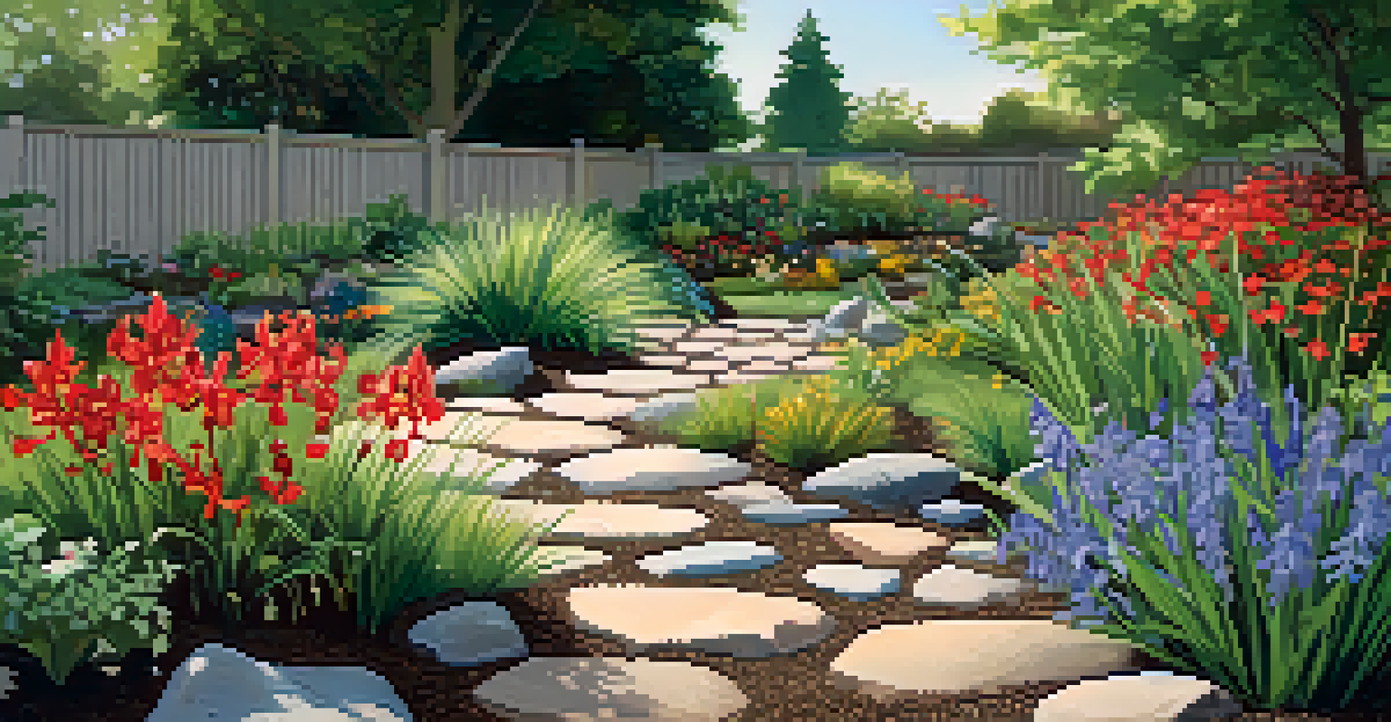 A rain garden with blue flag iris and cardinal flowers, surrounded by pebbles and mulch, in a sunny suburban backyard.