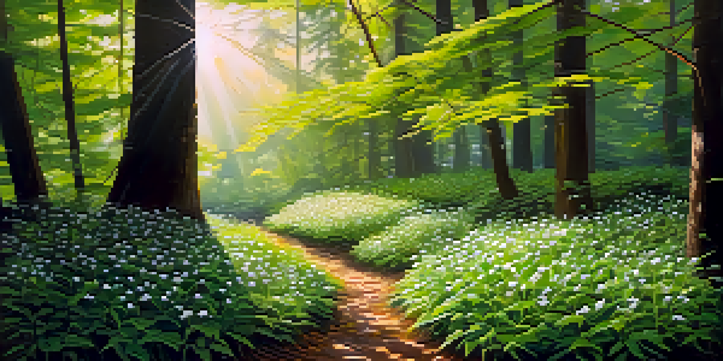 A peaceful forest scene with various wild edible plants under sunlight filtering through the trees.