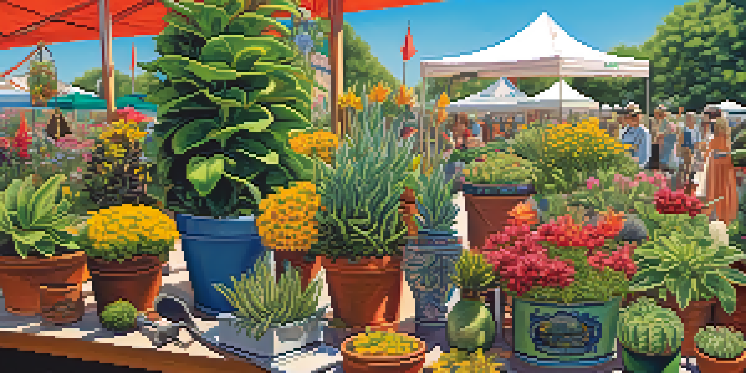 A festival booth displaying unique plants and innovative gardening tools under bright sunlight.