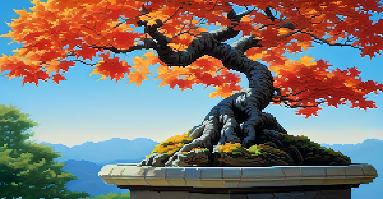 An outdoor scene with a Maple bonsai tree in bright sunlight, surrounded by greenery and colorful flowers.
