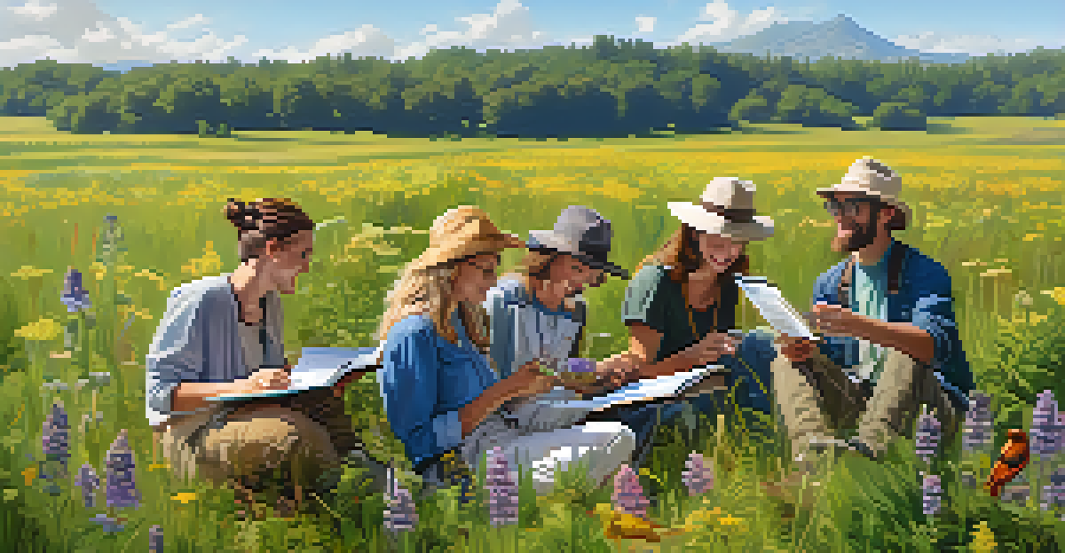 A group of people foraging in a meadow, looking at a field guide surrounded by wild plants.