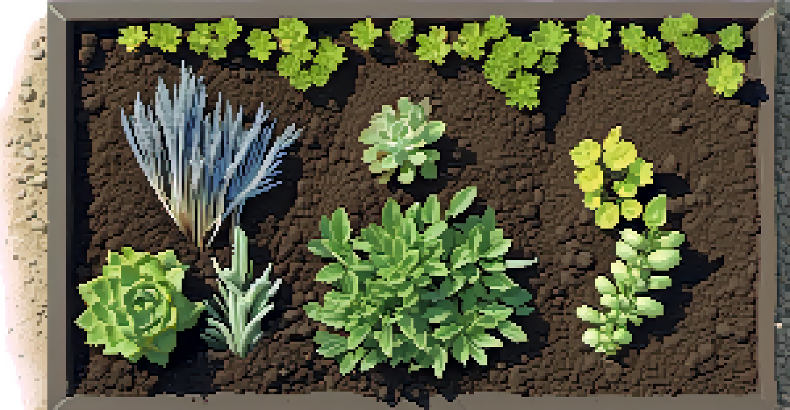 An overhead view of a garden bed displaying various soil types and healthy plants, with labels indicating sandy, clay, and loamy soils.