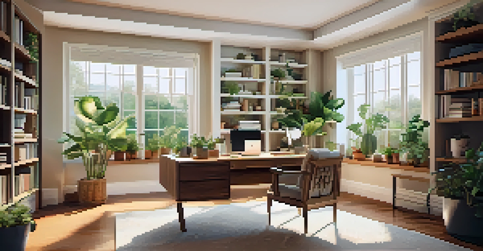 A well-lit home office decorated with plants and a view of a garden, creating a calming and inspiring workspace.