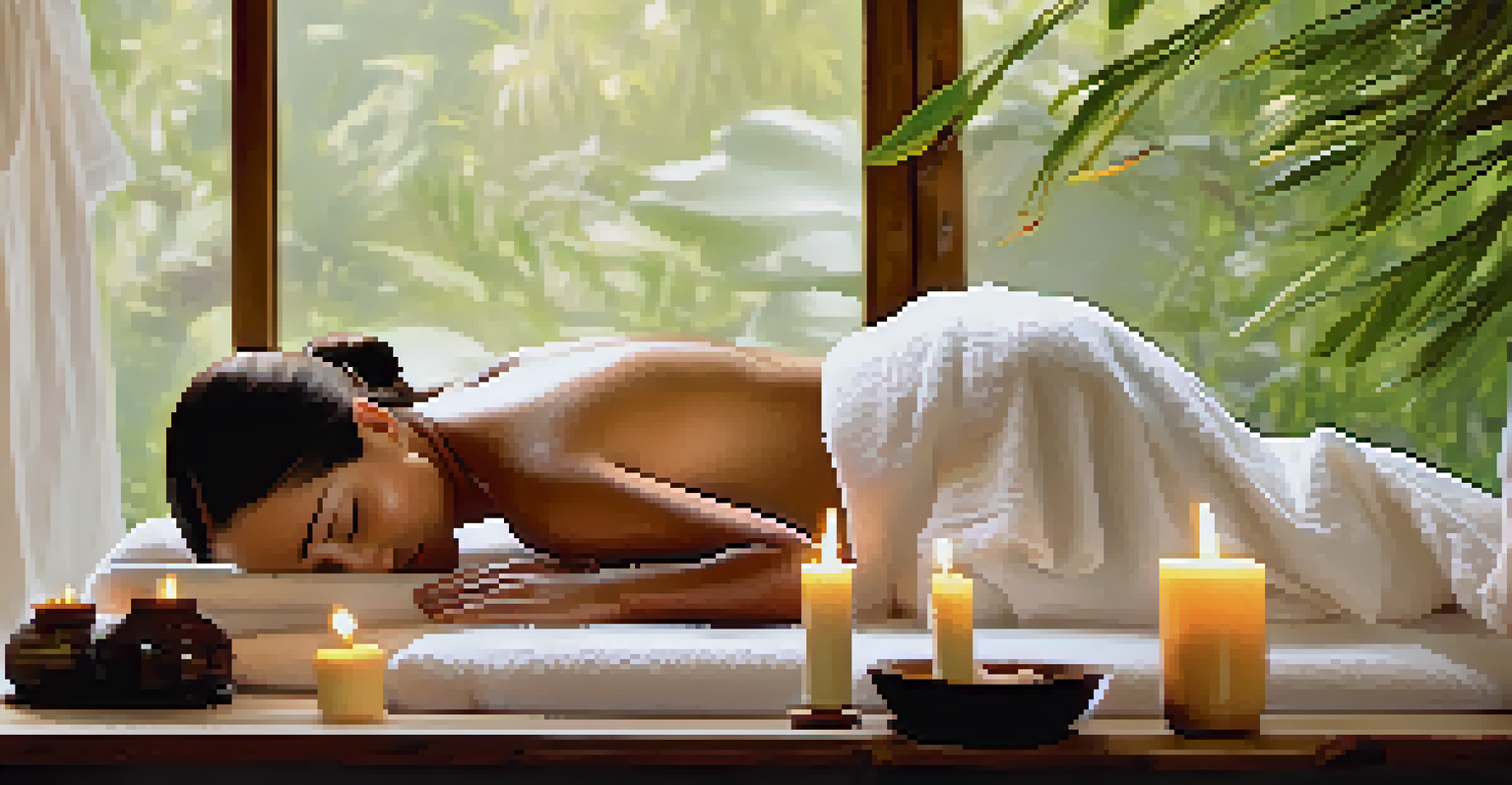 A peaceful spa environment where a person is receiving a massage with essential oils, surrounded by candles and soft towels.