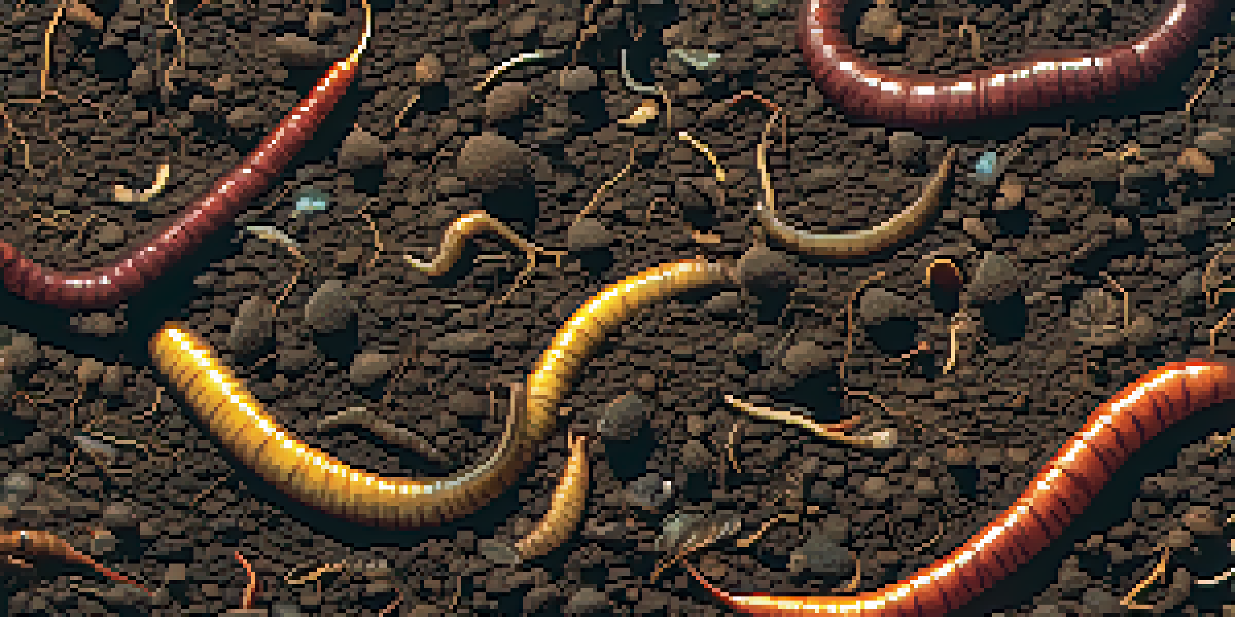A close-up view of rich, healthy soil with organic matter and earthworms, illuminated by sunlight filtering through leaves.