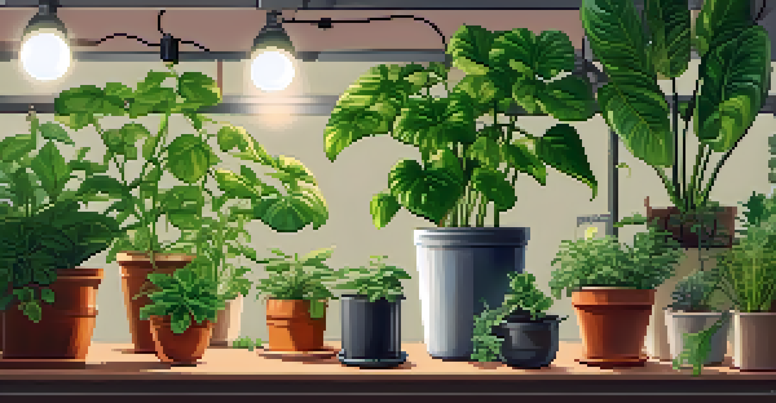 An indoor garden with various potted plants under bright grow lights, showcasing healthy, vibrant plants in a cozy setup.