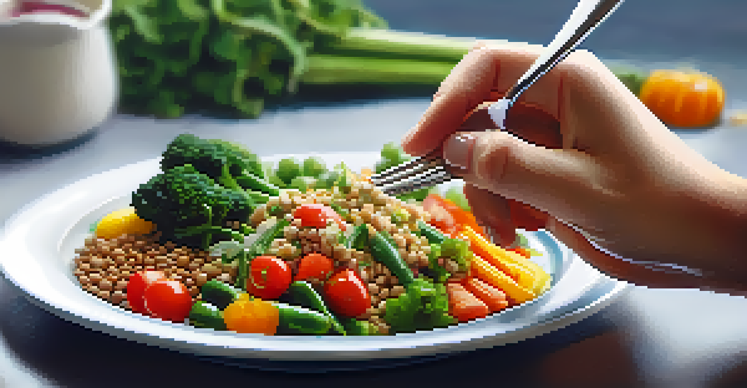 A person enjoying a vibrant plant-based meal, holding a fork with a colorful bite of food, surrounded by fresh vegetables.