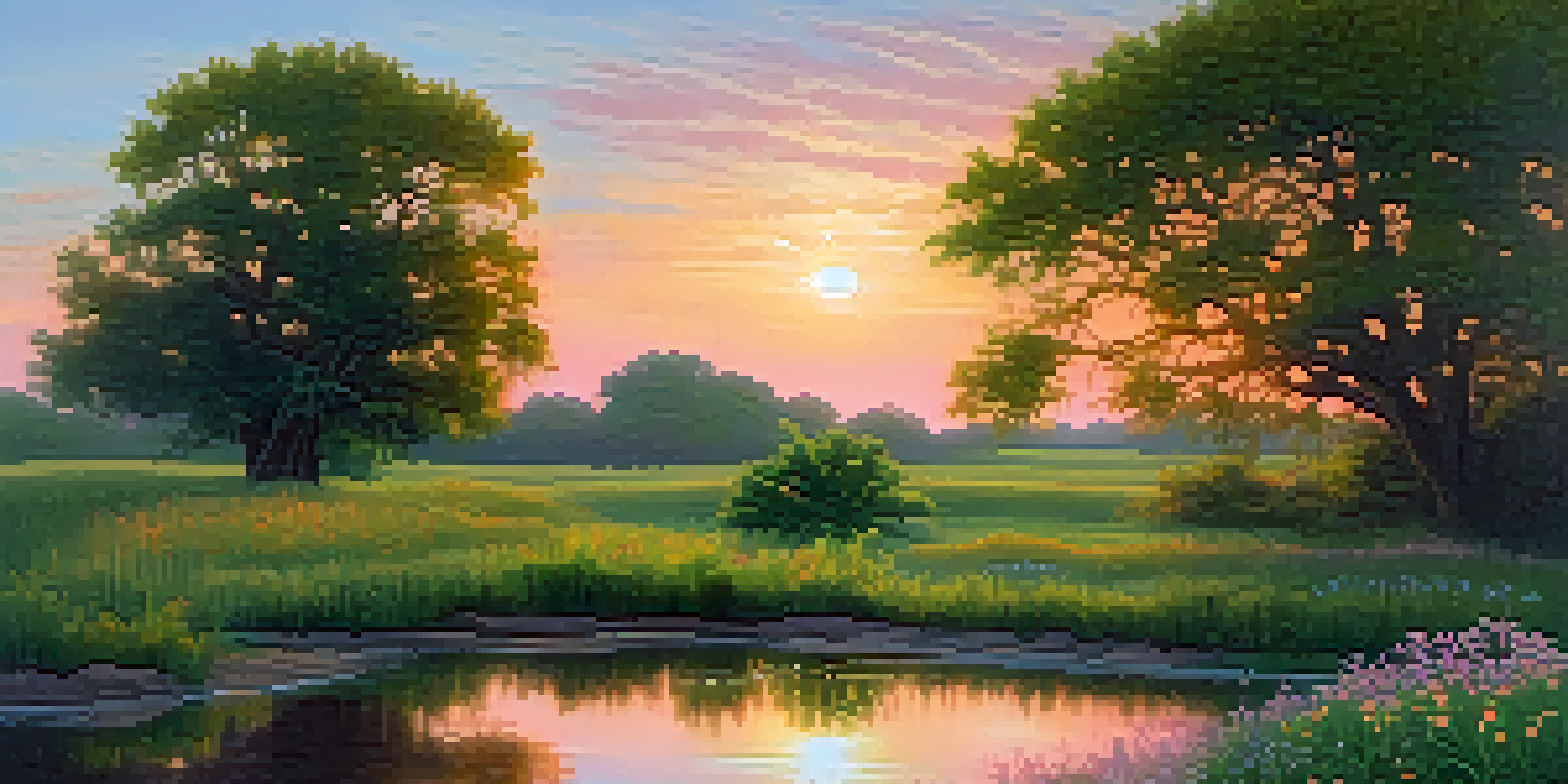 A neem tree with rich green foliage beside a calm pond during sunset, with wildflowers in the foreground and a pastel sky.