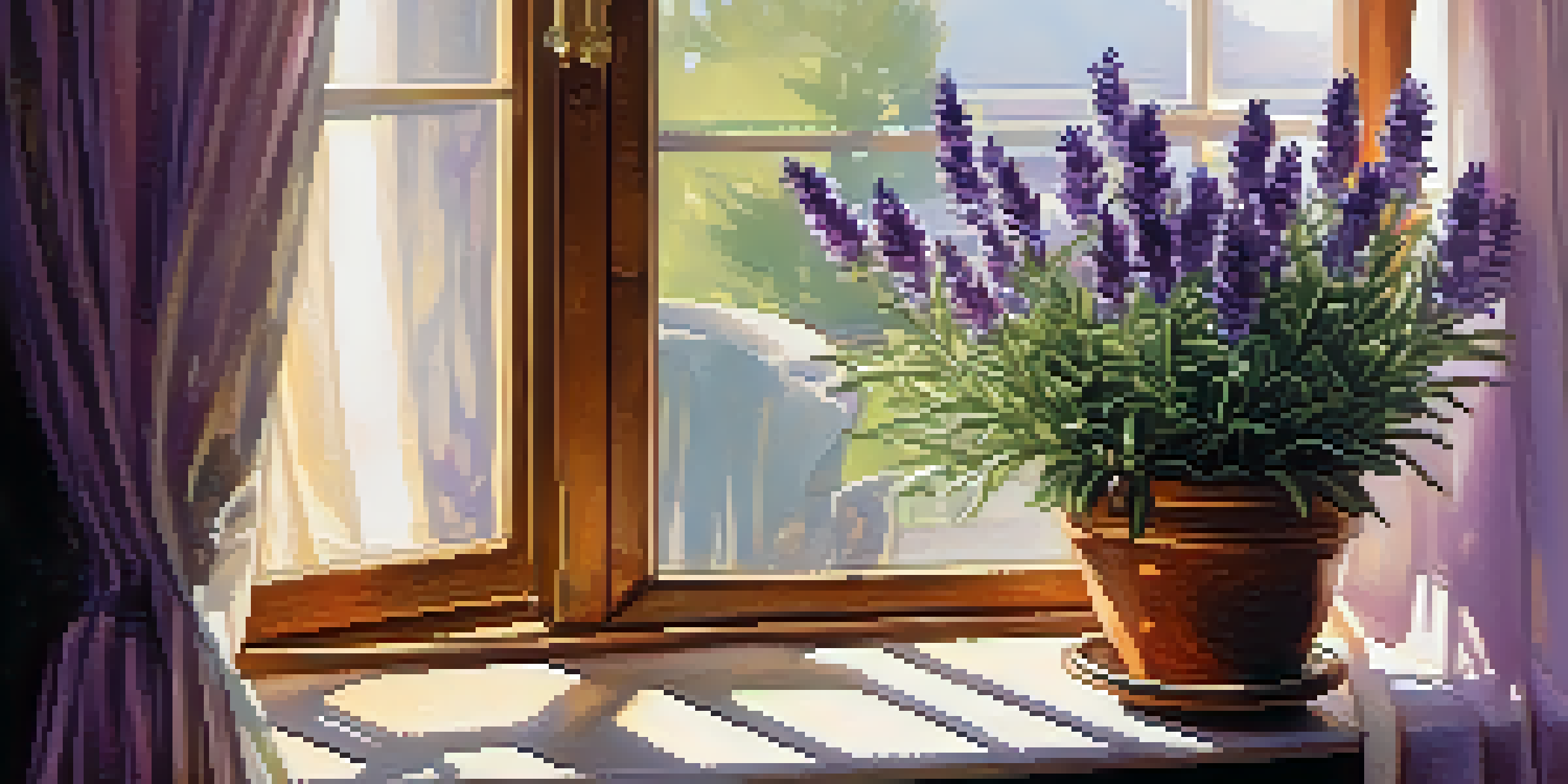 A cozy indoor scene with a lavender plant on a windowsill, soft sunlight streaming in, and a blanket on a chair.