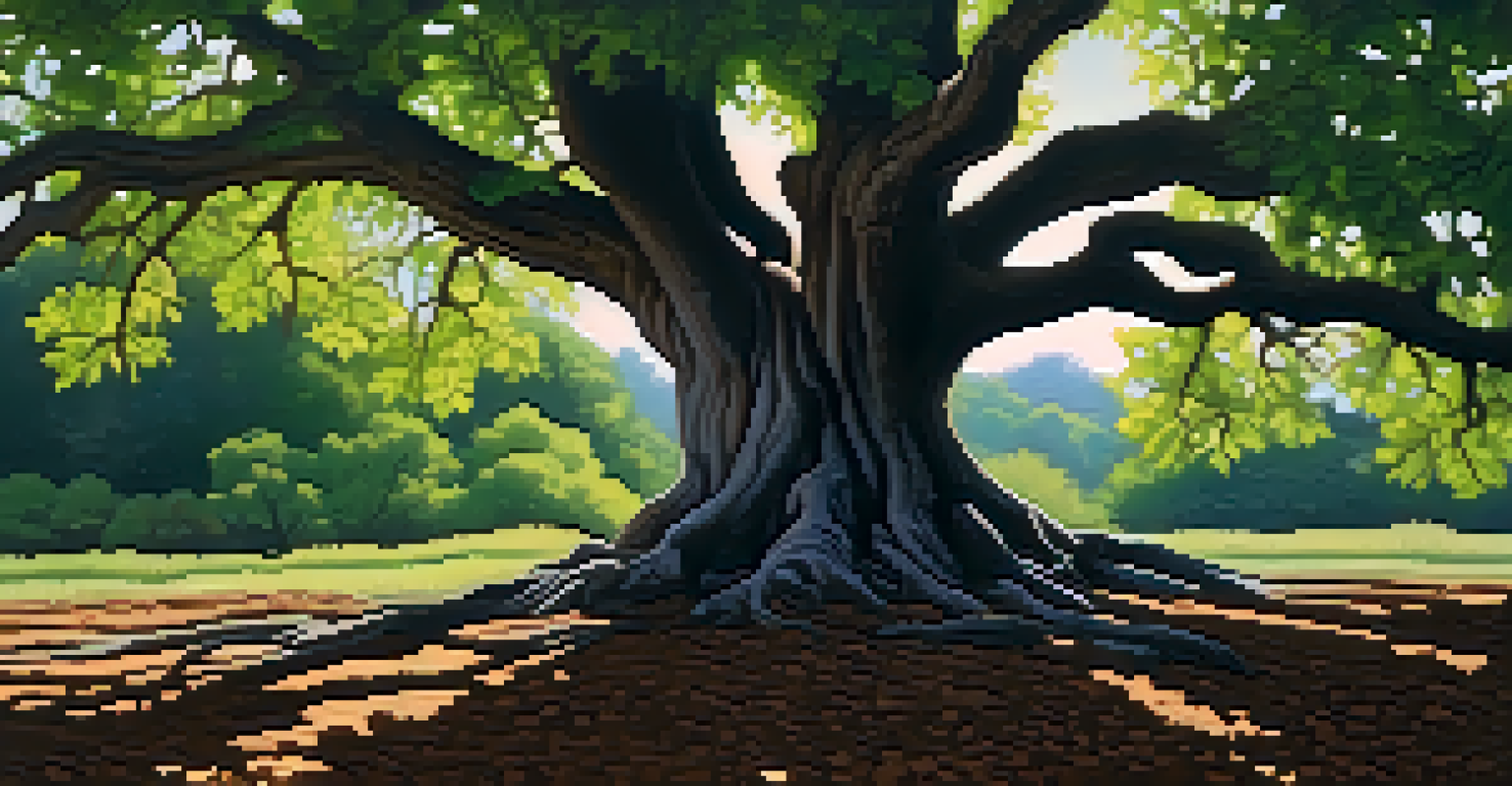 A close-up of a native oak tree with green leaves and native plants growing beneath, illuminated by soft sunlight.