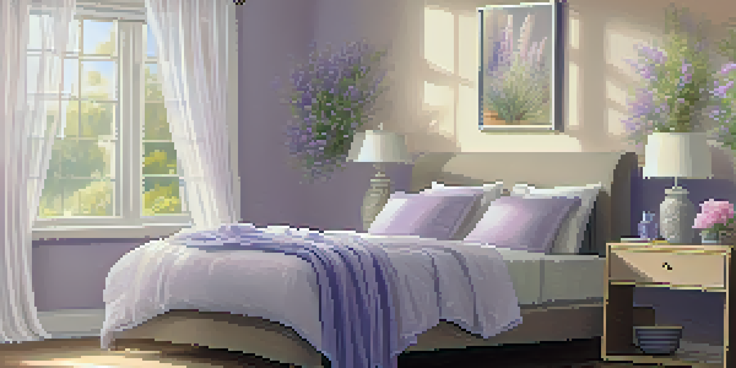 A peaceful bedroom with a diffuser and lavender flowers on a bedside table, soft sunlight shining through the curtains.