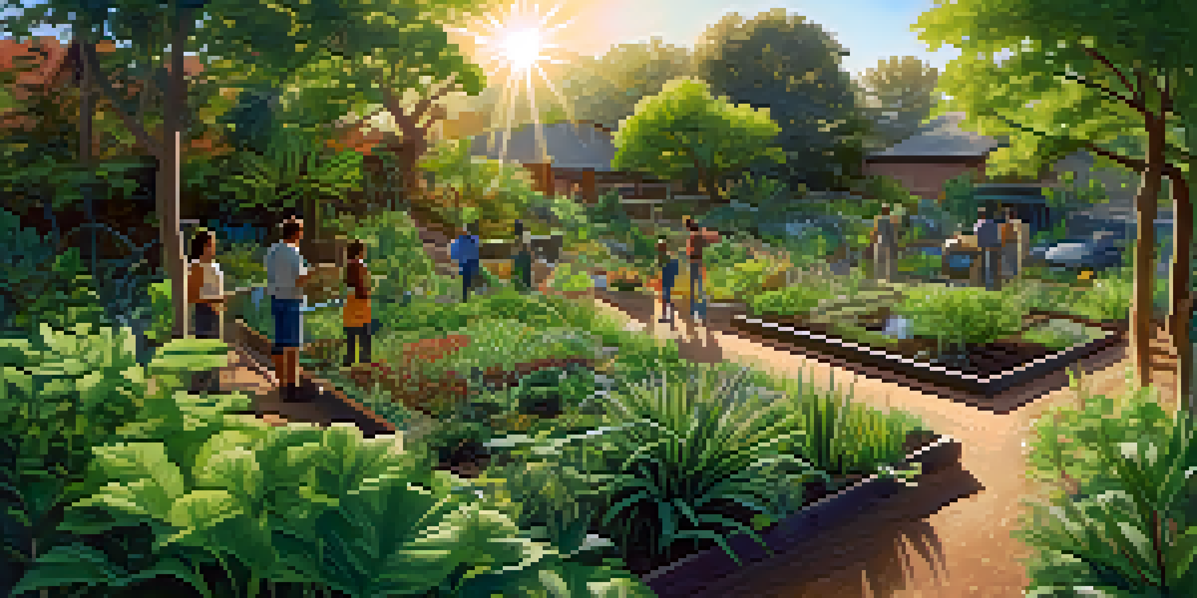 A diverse group of people working together in a vibrant permaculture garden, surrounded by native plants and a water catchment system under gentle sunlight.