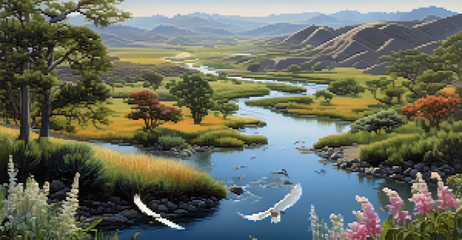 A scenic landscape featuring blooming native plants, hills, a river, and birds, illustrating a thriving ecosystem.