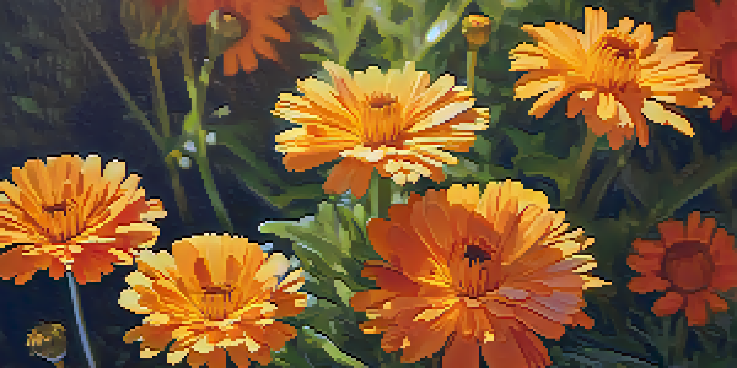 Close-up of bright orange and yellow calendula flowers in a sunlit garden.
