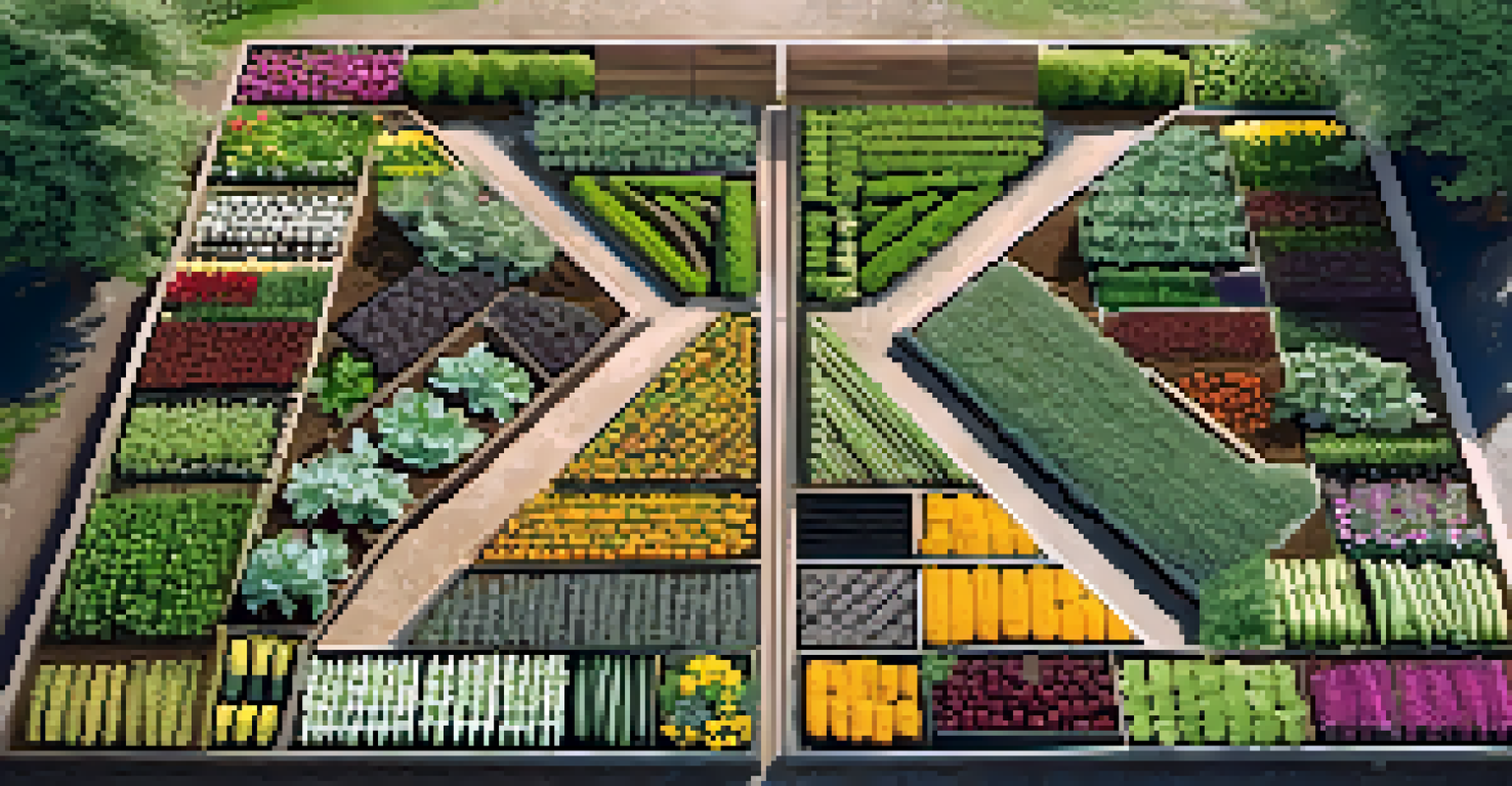An aerial view of a vegetable garden featuring corn, beans, and squash arranged in a triangular pattern with colorful flowers.