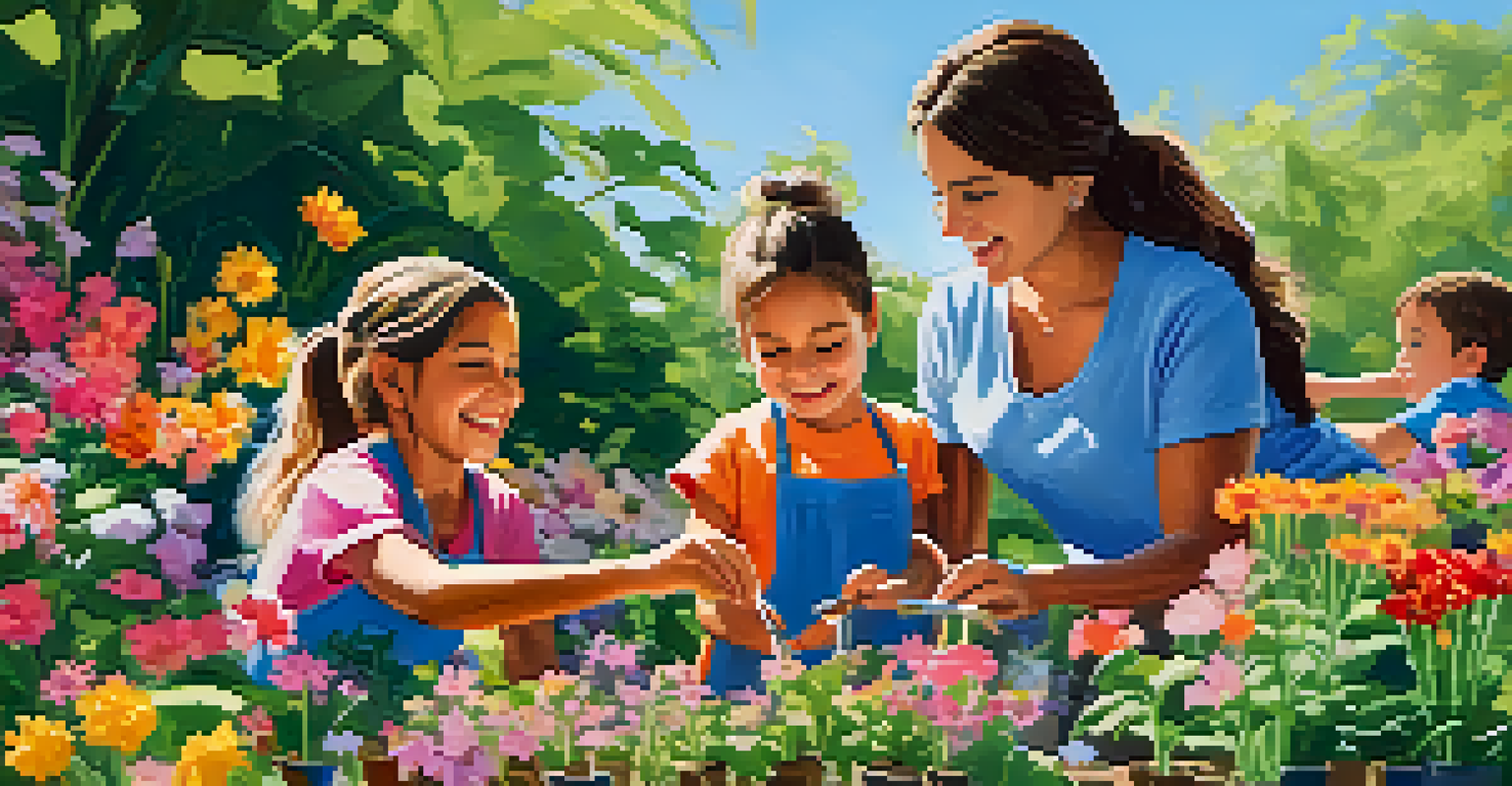 A family engaging in a planting activity at a botanical garden, with children planting seeds in pots and a guide demonstrating techniques.