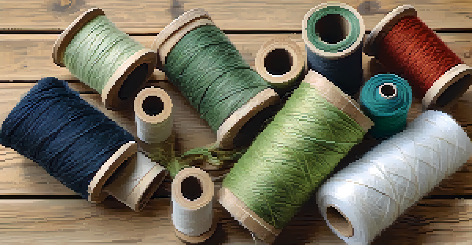 A flat lay image of different plant fibers used in eco-friendly fashion, including fabric swatches and spools of thread.