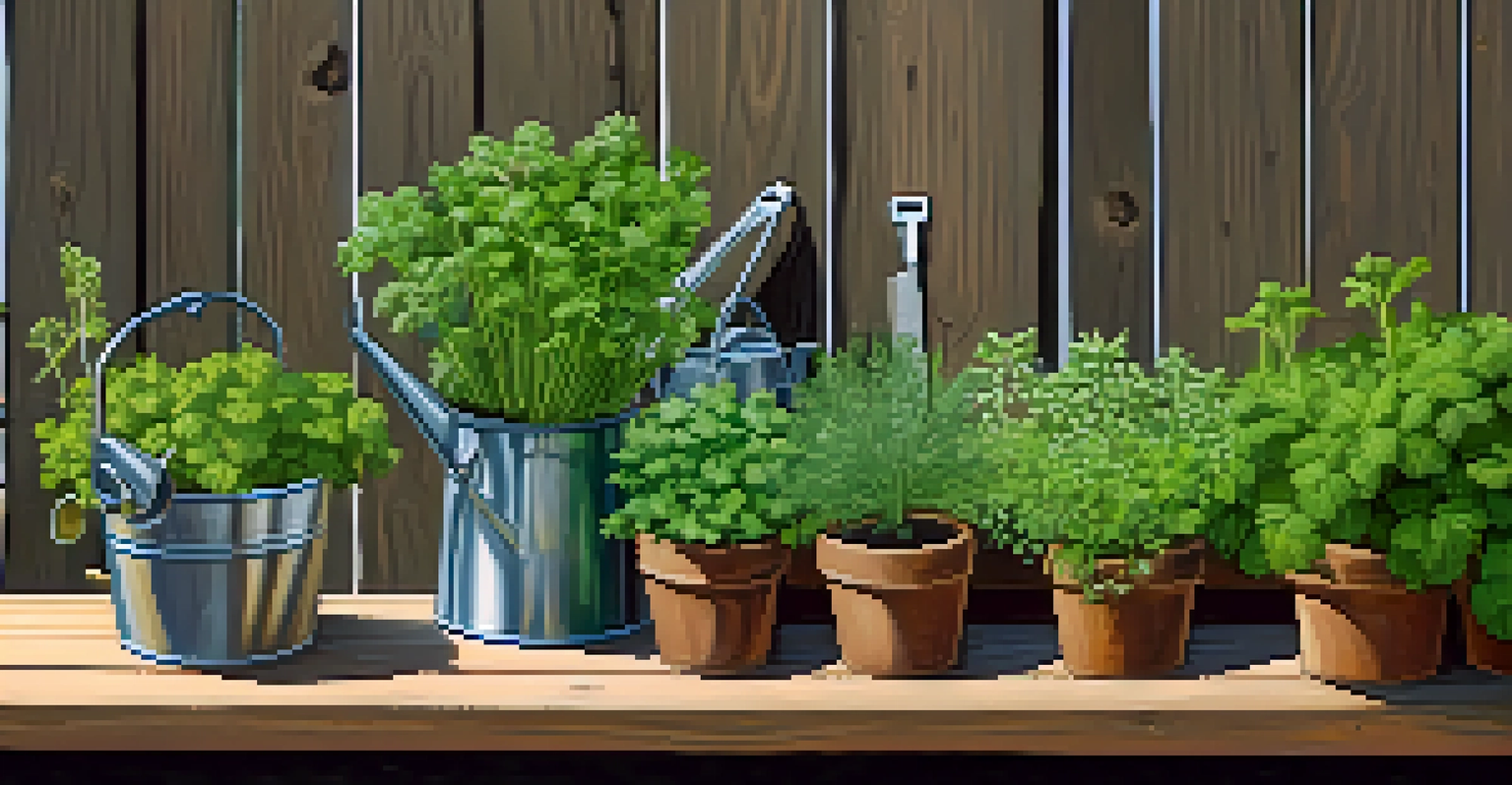 An outdoor herb garden with various herbs labeled by wooden signs and gardening tools nearby.