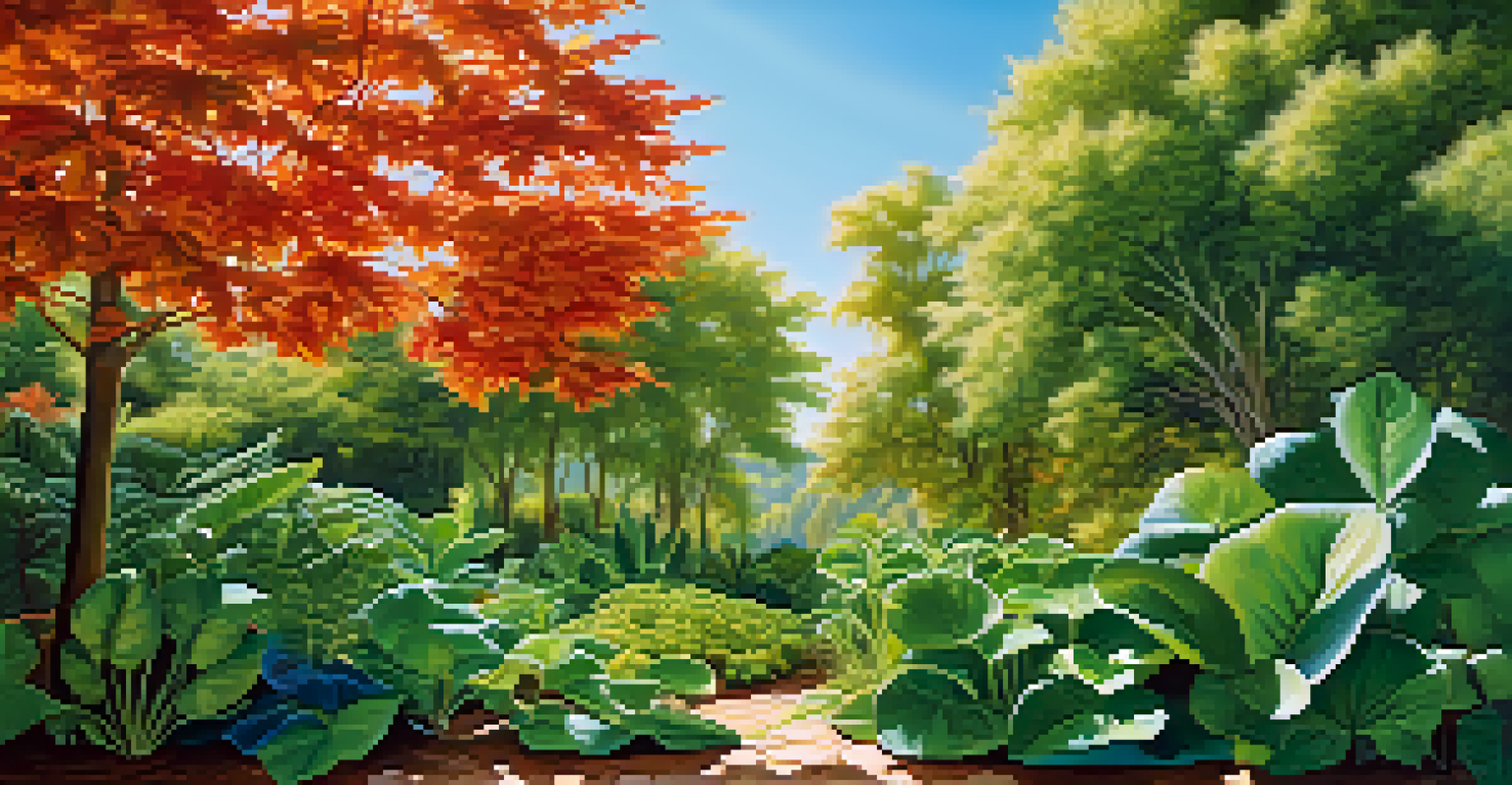 A landscape with various plants displaying different leaf shapes and colors under a blue sky.