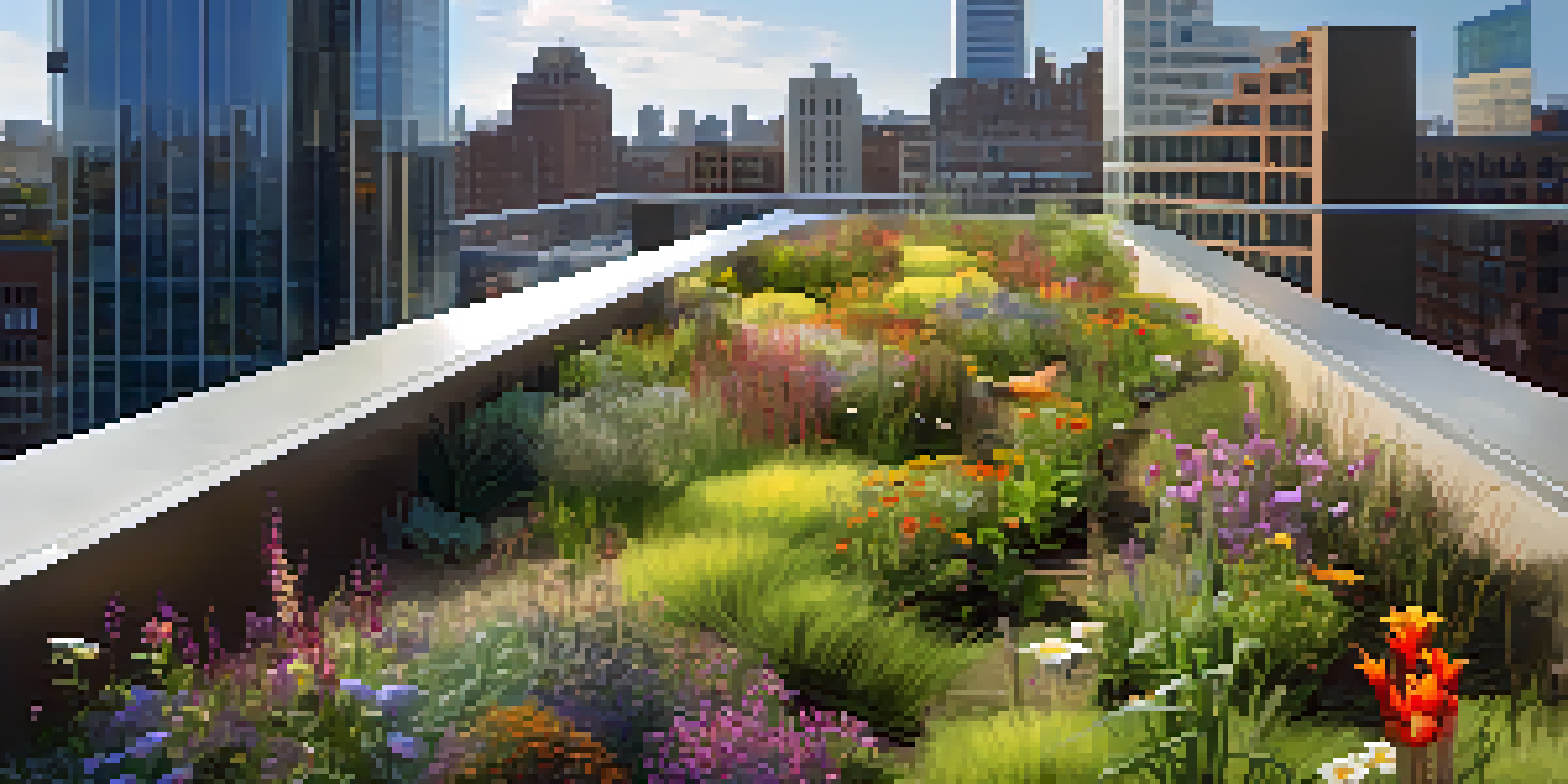 A lush green roof garden with colorful flowers and shrubs on a modern building, set against a city skyline under warm sunlight.