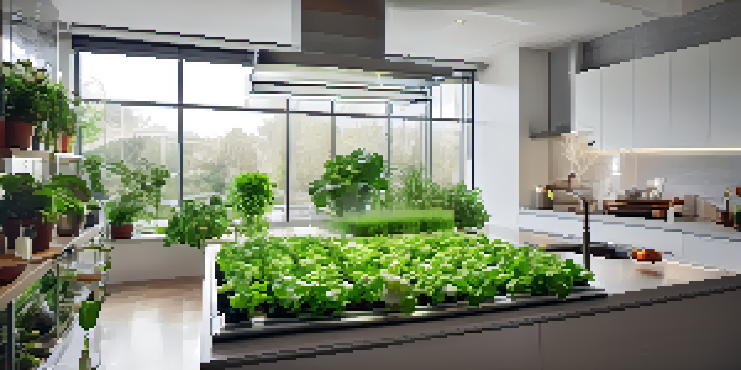 An indoor hydroponic garden with leafy greens and herbs in a modern kitchen, illuminated by sunlight through a window.