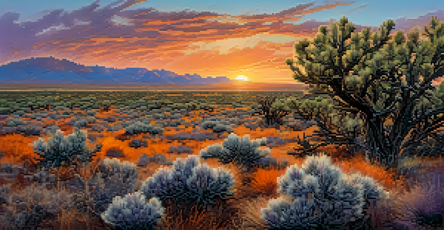 An expansive landscape of sagebrush plants emitting chemical signals into the air, with predatory insects approaching, and a dramatic sunset creating a colorful backdrop.