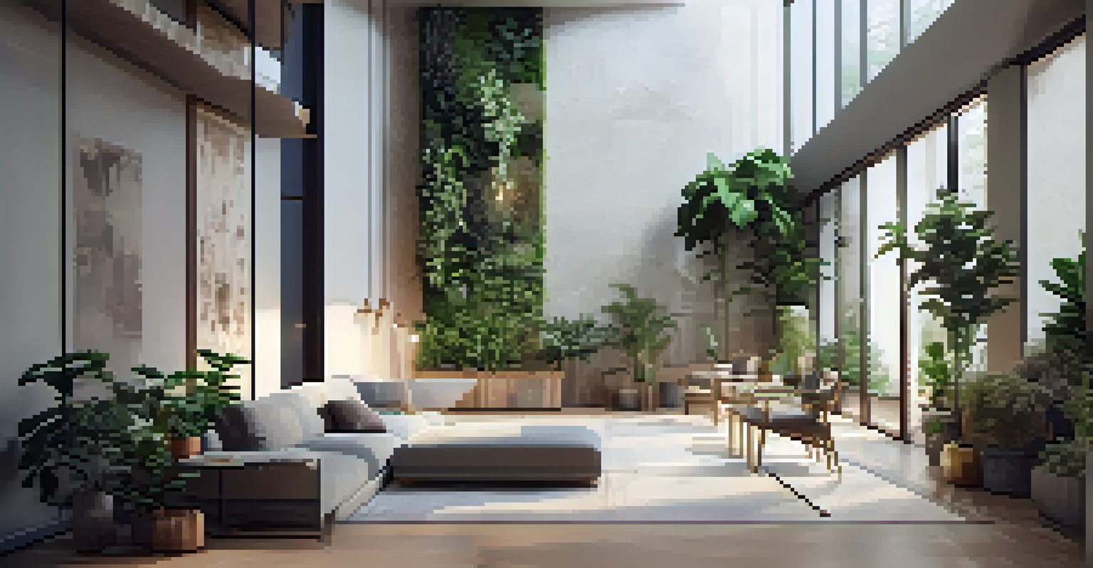 An indoor space with a large vertical garden and minimalist furniture, illuminated by soft diffused light.
