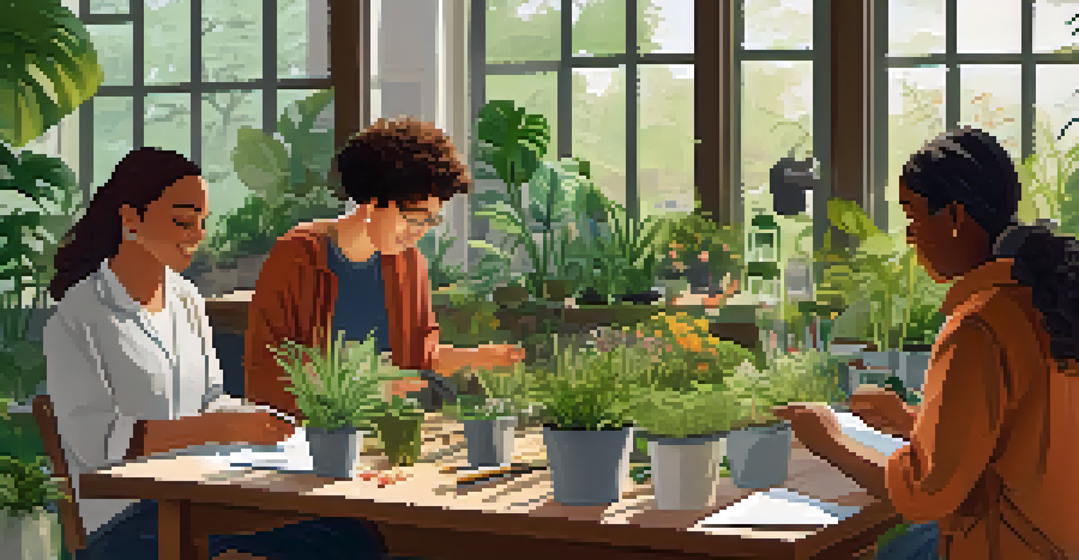 A group of people participating in a gardening workshop in a botanical garden, learning from an instructor amidst beautiful plants.