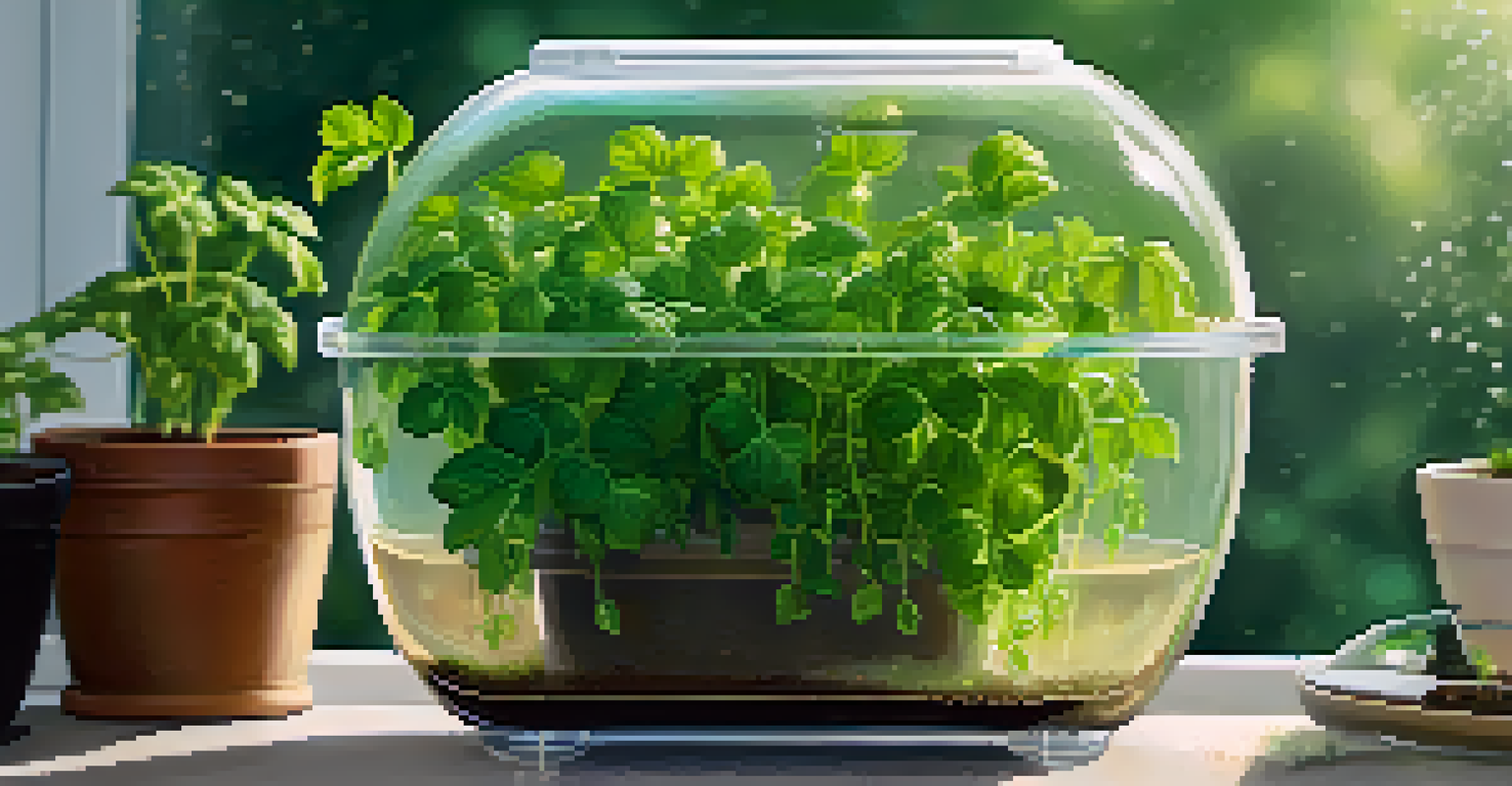 Close-up of a self-watering container with healthy basil and parsley plants, highlighting the water reservoir at the bottom.