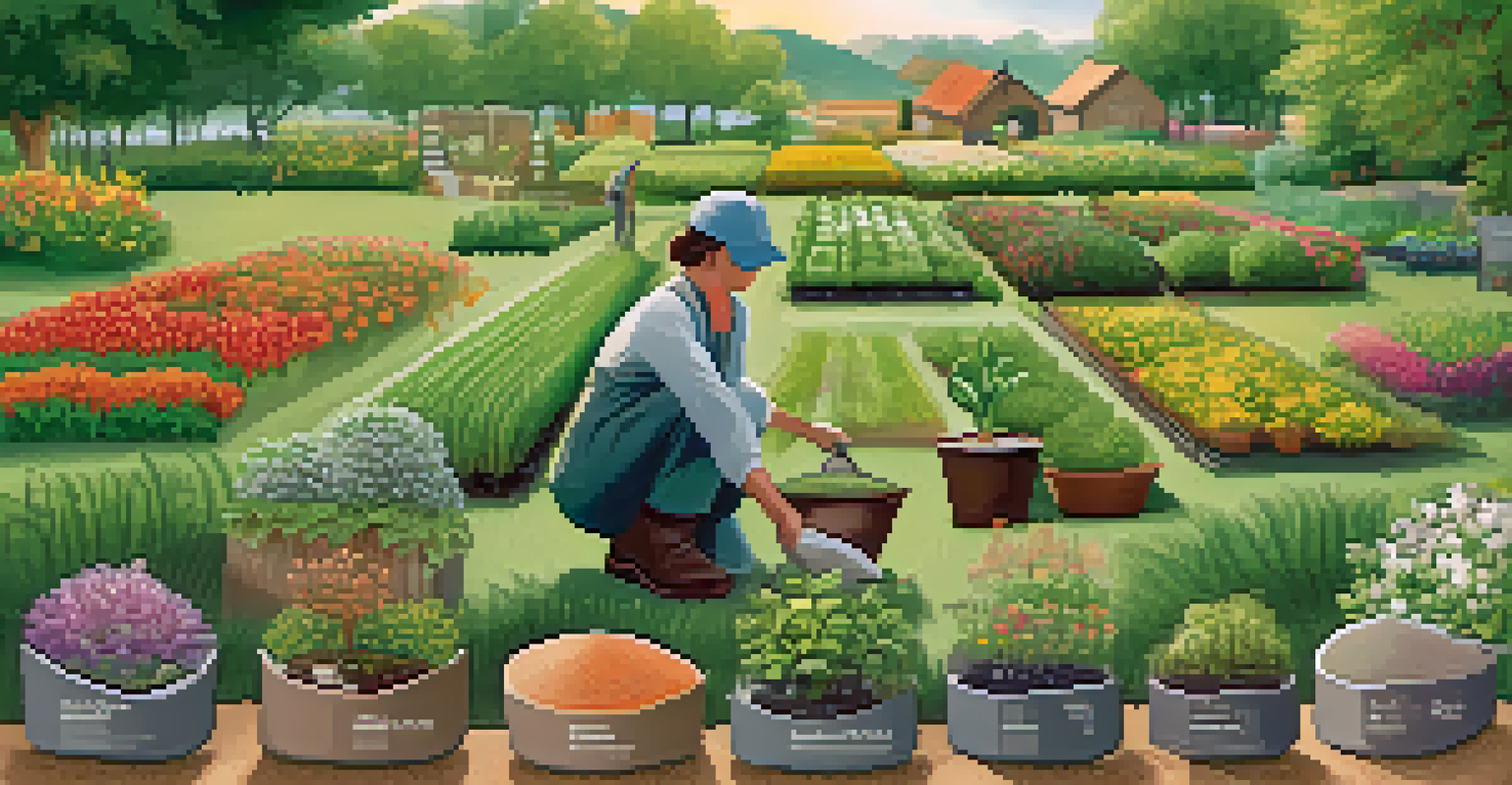 An infographic showing different types of fertilizers with a gardener in the background, surrounded by a lush garden.