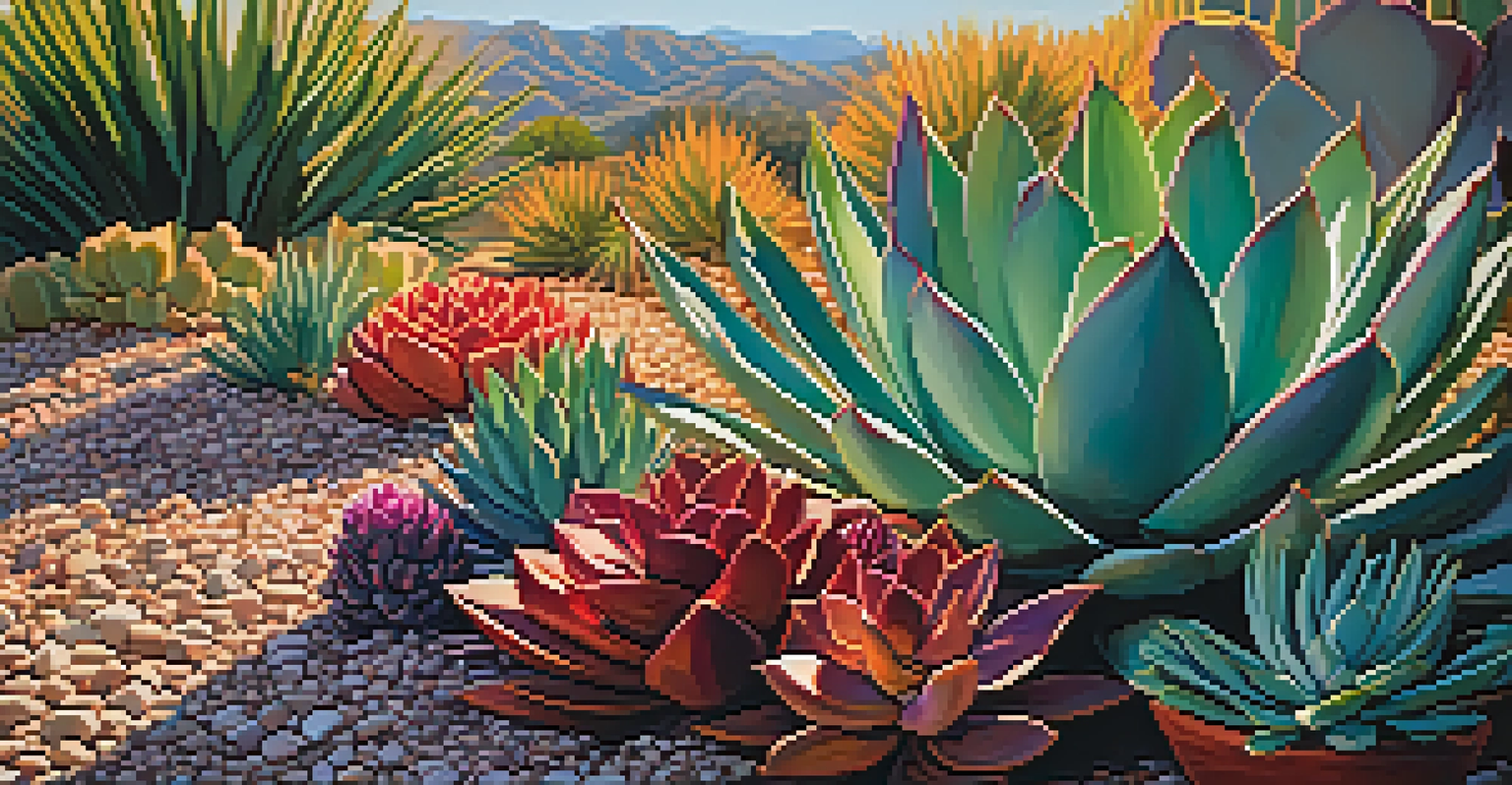 A colorful garden filled with different types of succulents, showcasing various shapes and colors under bright sunlight.