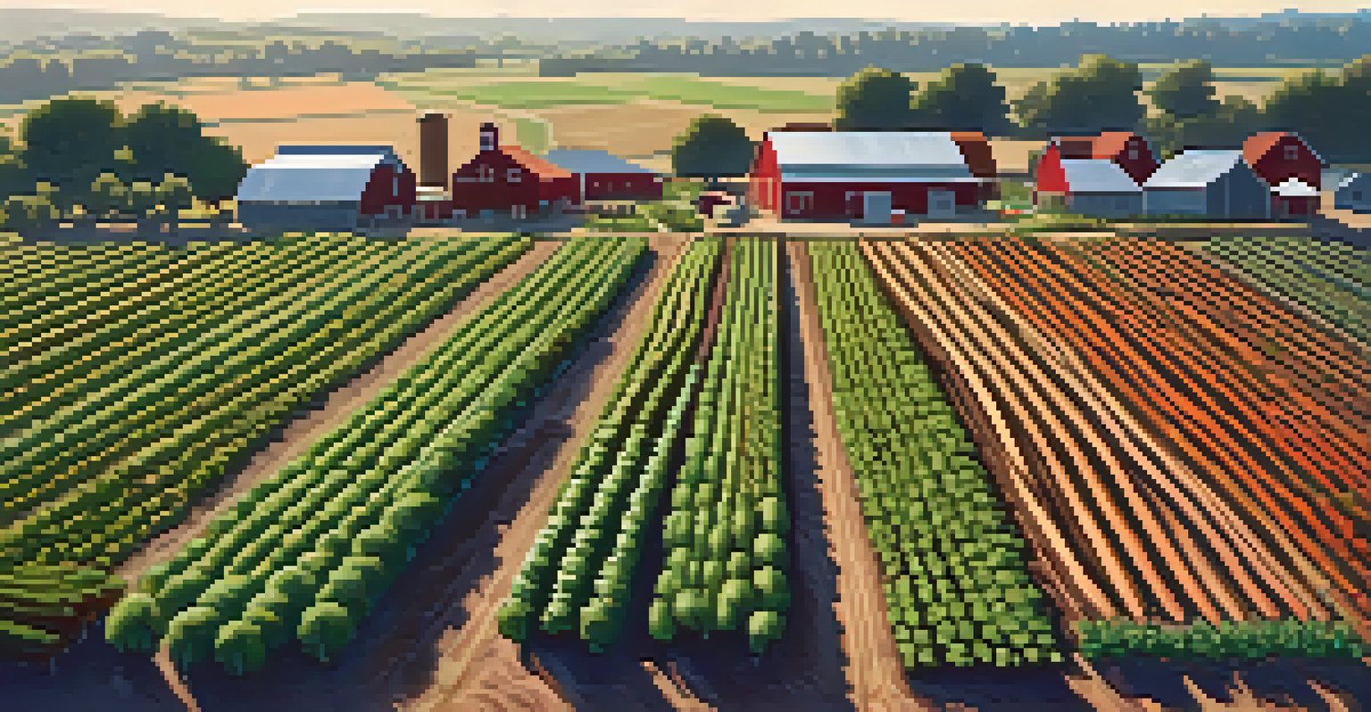 A bird's-eye view of a farm displaying colorful crops like tomatoes and carrots arranged in rows, with sunlight highlighting the texture of the soil.