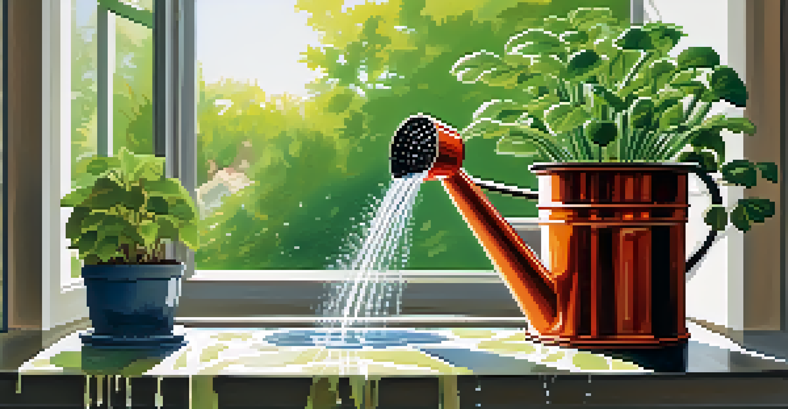 A plant being watered with a watering can, showing healthy green leaves and a pot with drainage holes, under bright sunlight.
