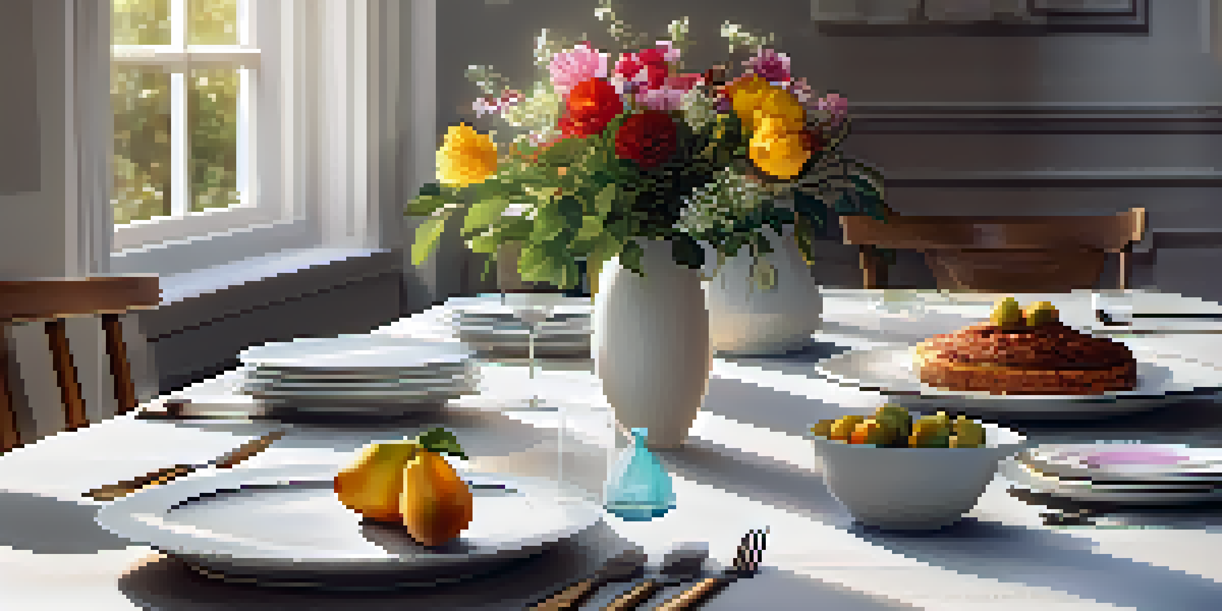 A beautifully set dining table with plant-based dishes, fresh flowers, and soft candlelight, creating a serene atmosphere.