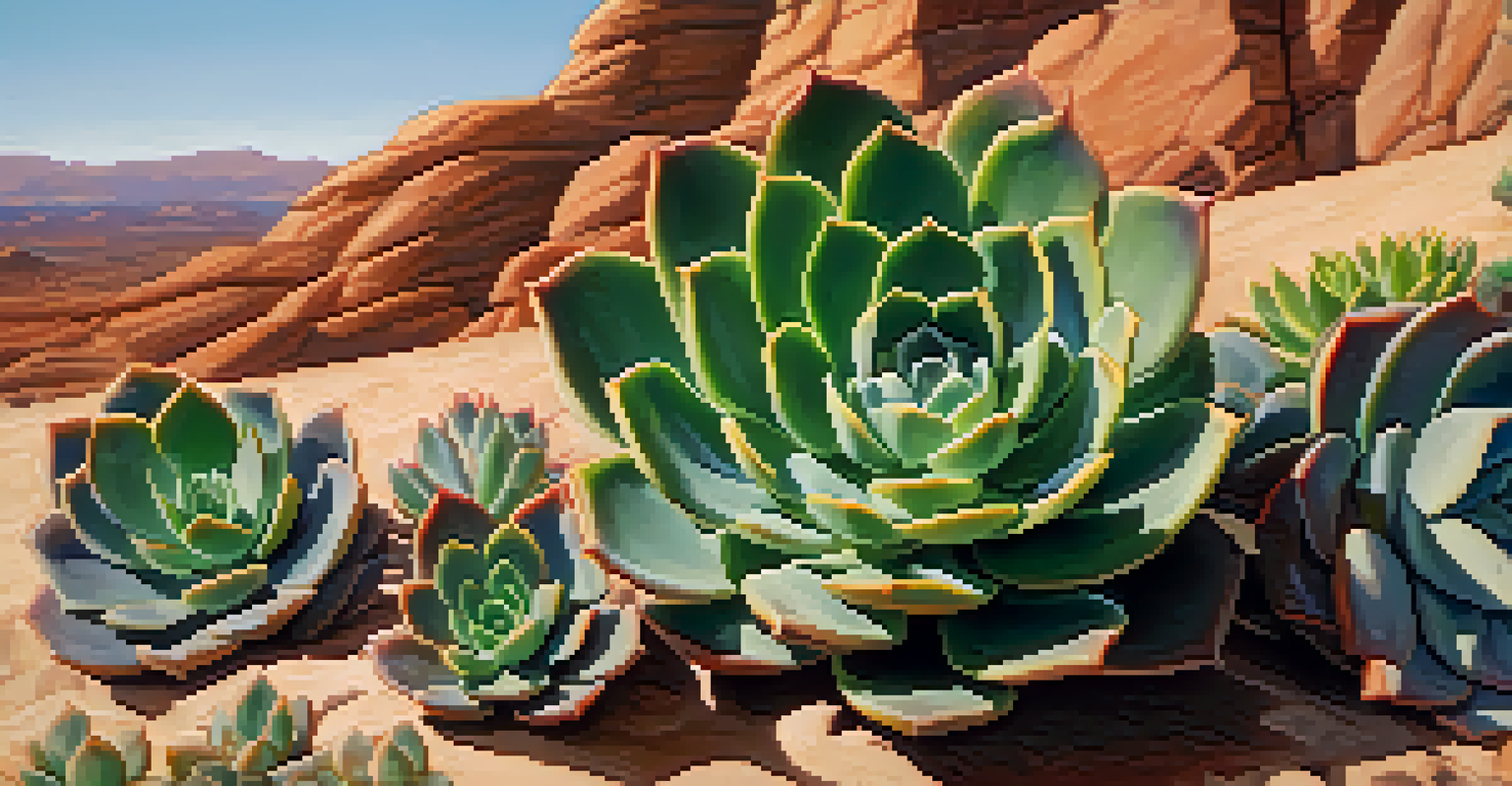 Close-up of succulent plants with thick leaves in a sunny desert environment, surrounded by dry rocks.