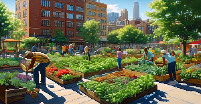 A community garden bustling with people of diverse backgrounds working together among green vegetables and colorful flowers, set against a city skyline.