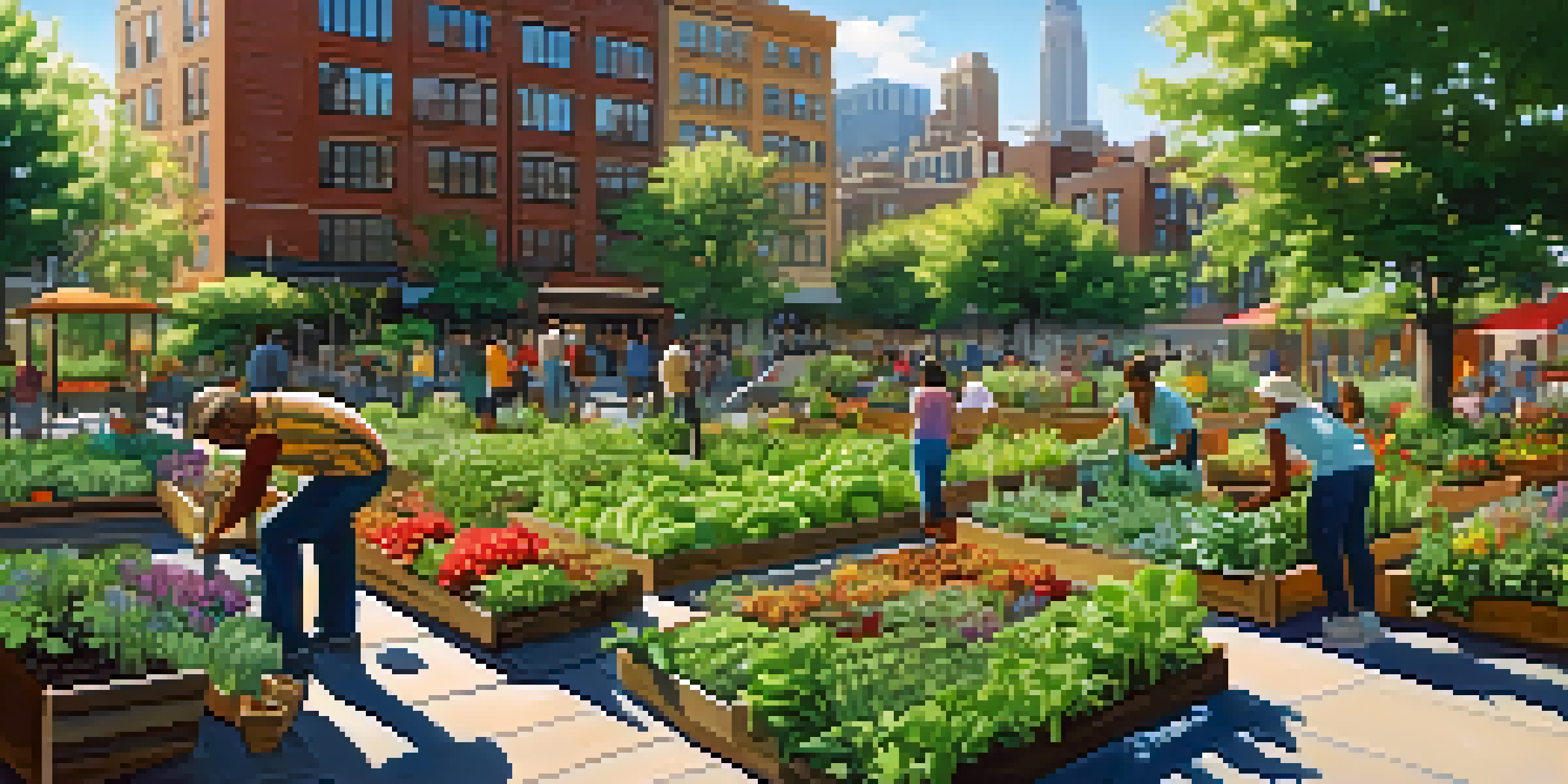 A community garden bustling with people of diverse backgrounds working together among green vegetables and colorful flowers, set against a city skyline.