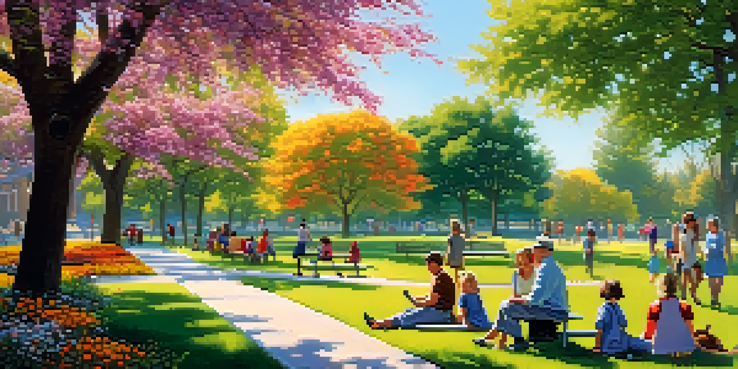 A lively park scene with people of different ages enjoying various activities in nature, surrounded by trees and flowers under sunlight.