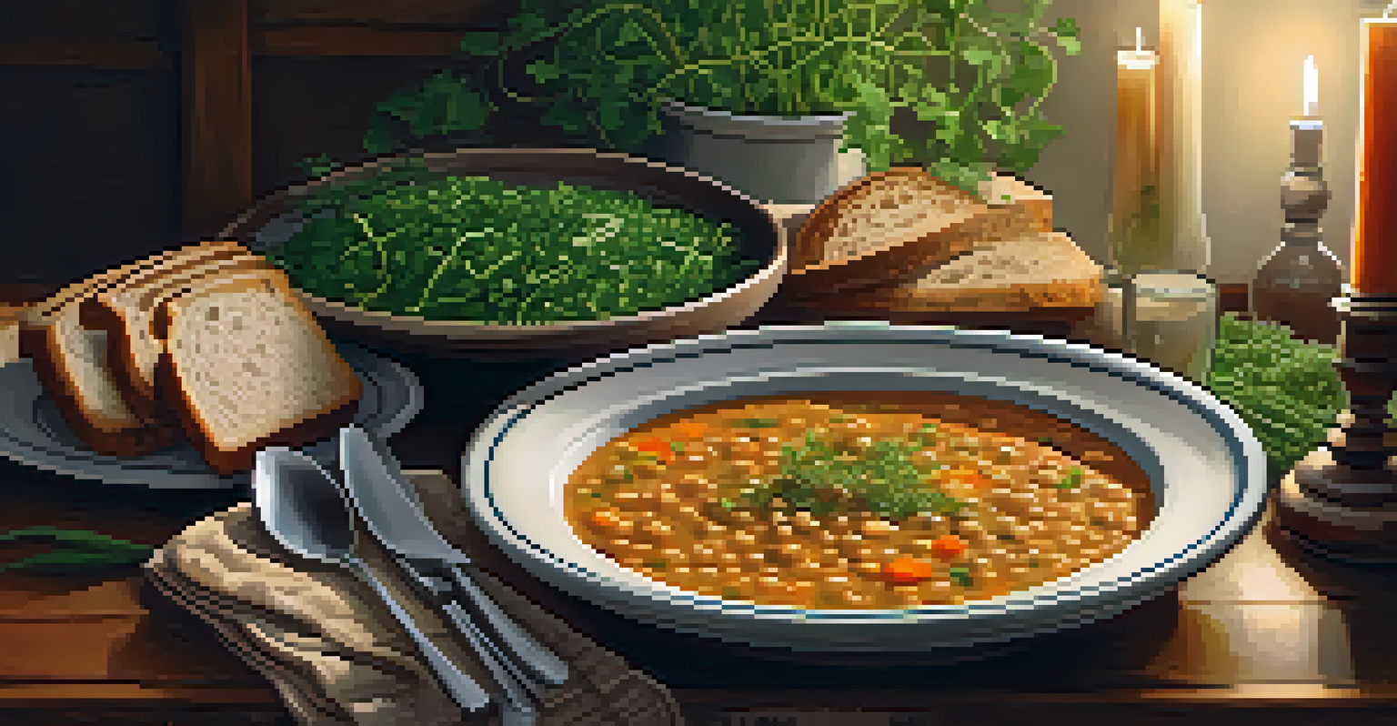 A cozy dining table with lentil soup, whole grain bread, and sautéed vegetables, illuminated by candlelight.