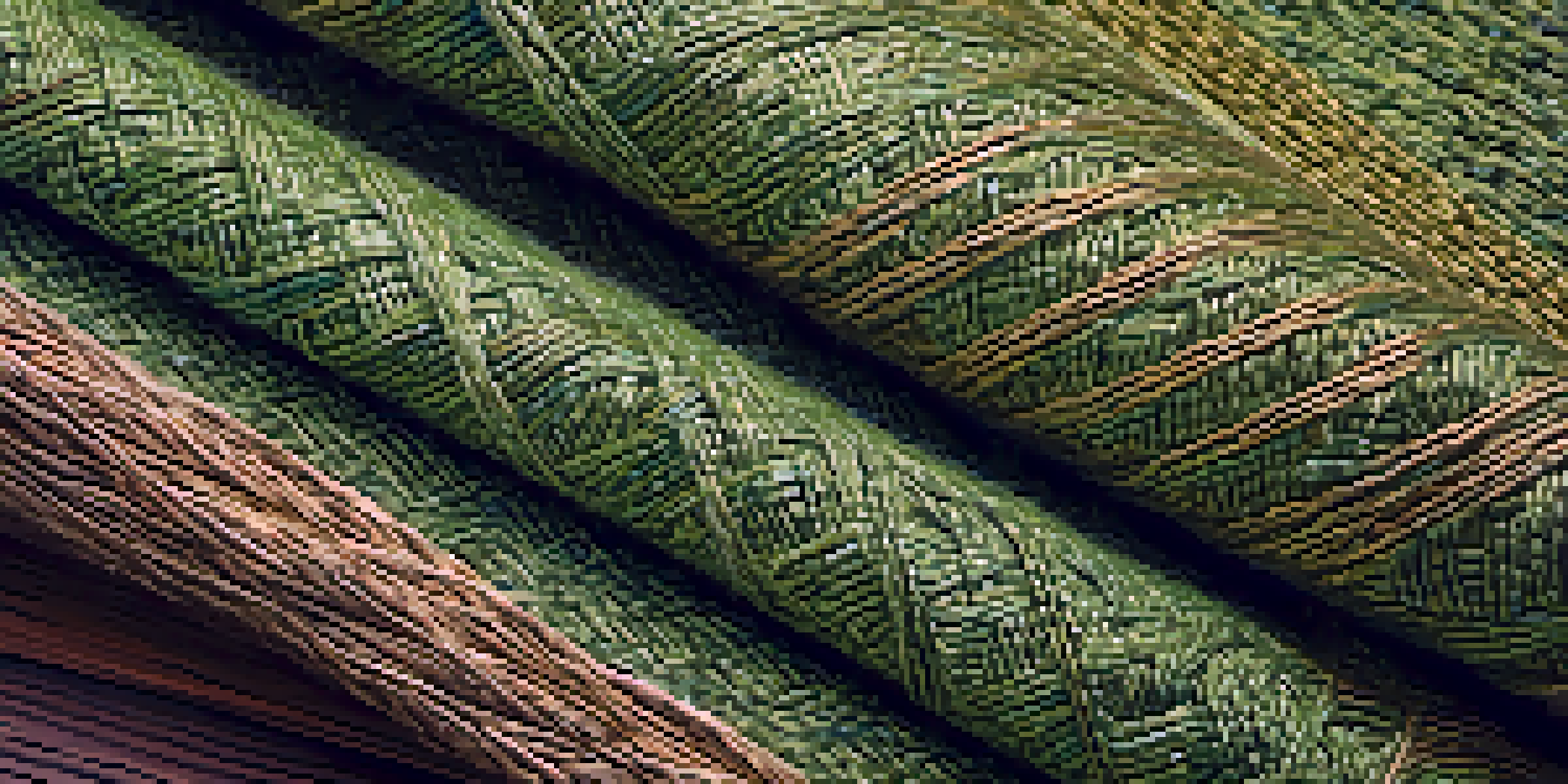 A close-up of a handwoven hemp fabric on a wooden surface, showcasing its texture and natural colors.