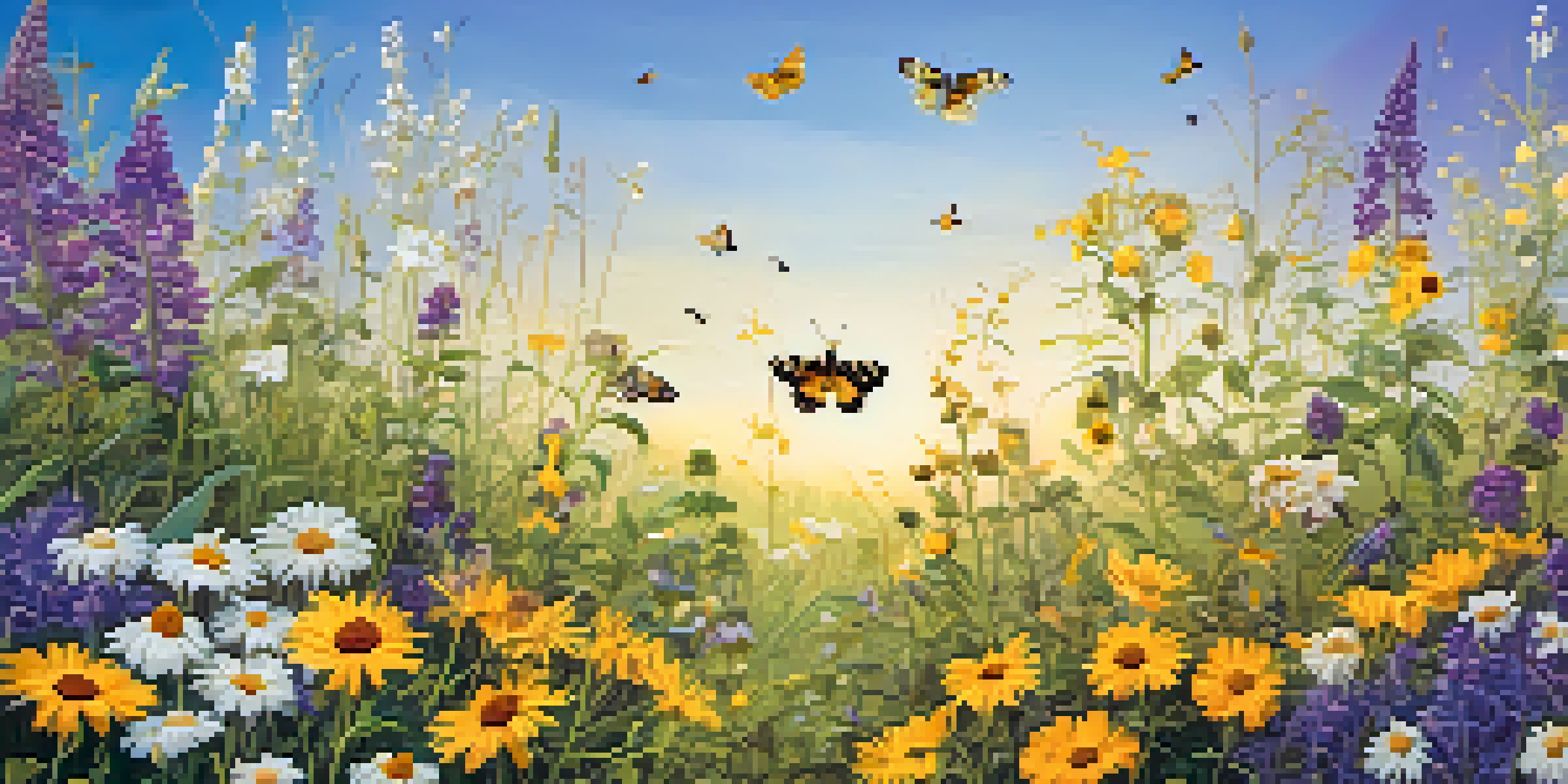A colorful meadow with a variety of flowering plants and pollinators like bees and butterflies under a clear blue sky.