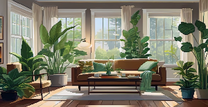 A cozy living room with air-purifying plants and natural light filtering through curtains.