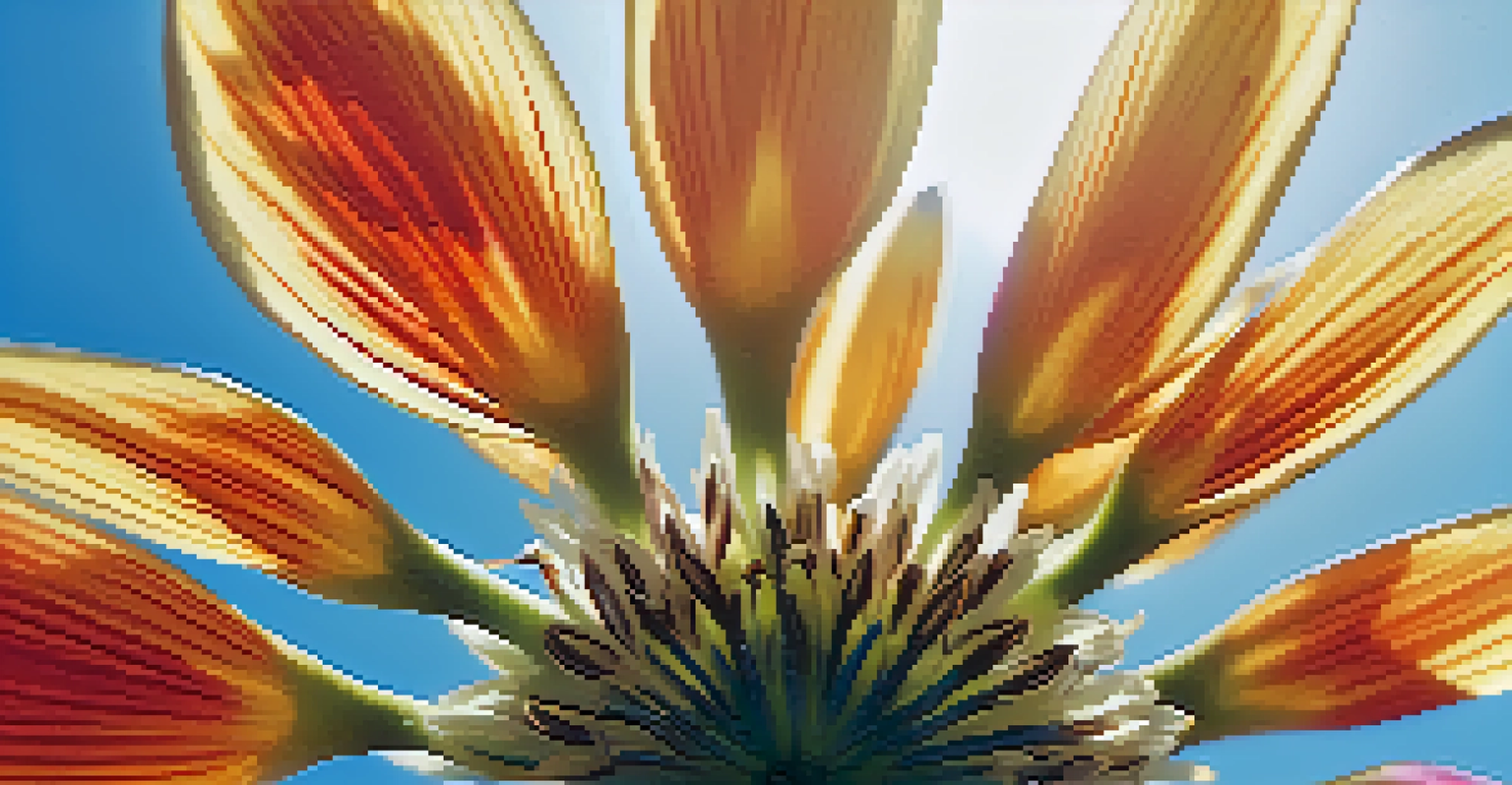 A colorful flower viewed from below, with sunlight shining through its petals against a bright blue sky.