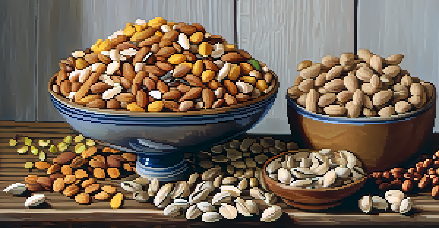 An artistic display of dry fruits on a wooden table, illuminated by soft natural light.